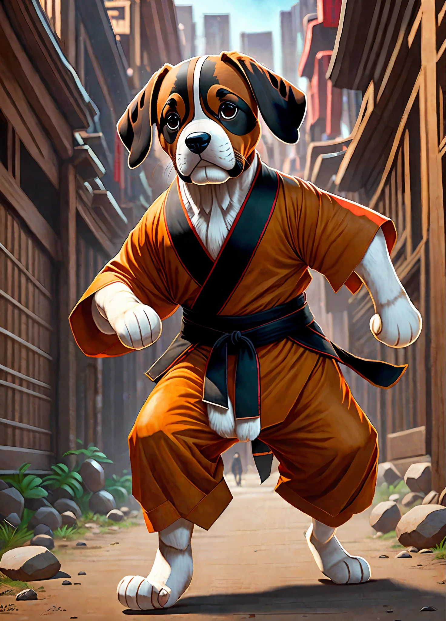 A humanoid, brown beagle dog with large drooping ears, cartoon style, wears a black eye mask and a red kung fu kimono, full body photo, action pose, ultra realistic photoreal, lots of details --auto --s2