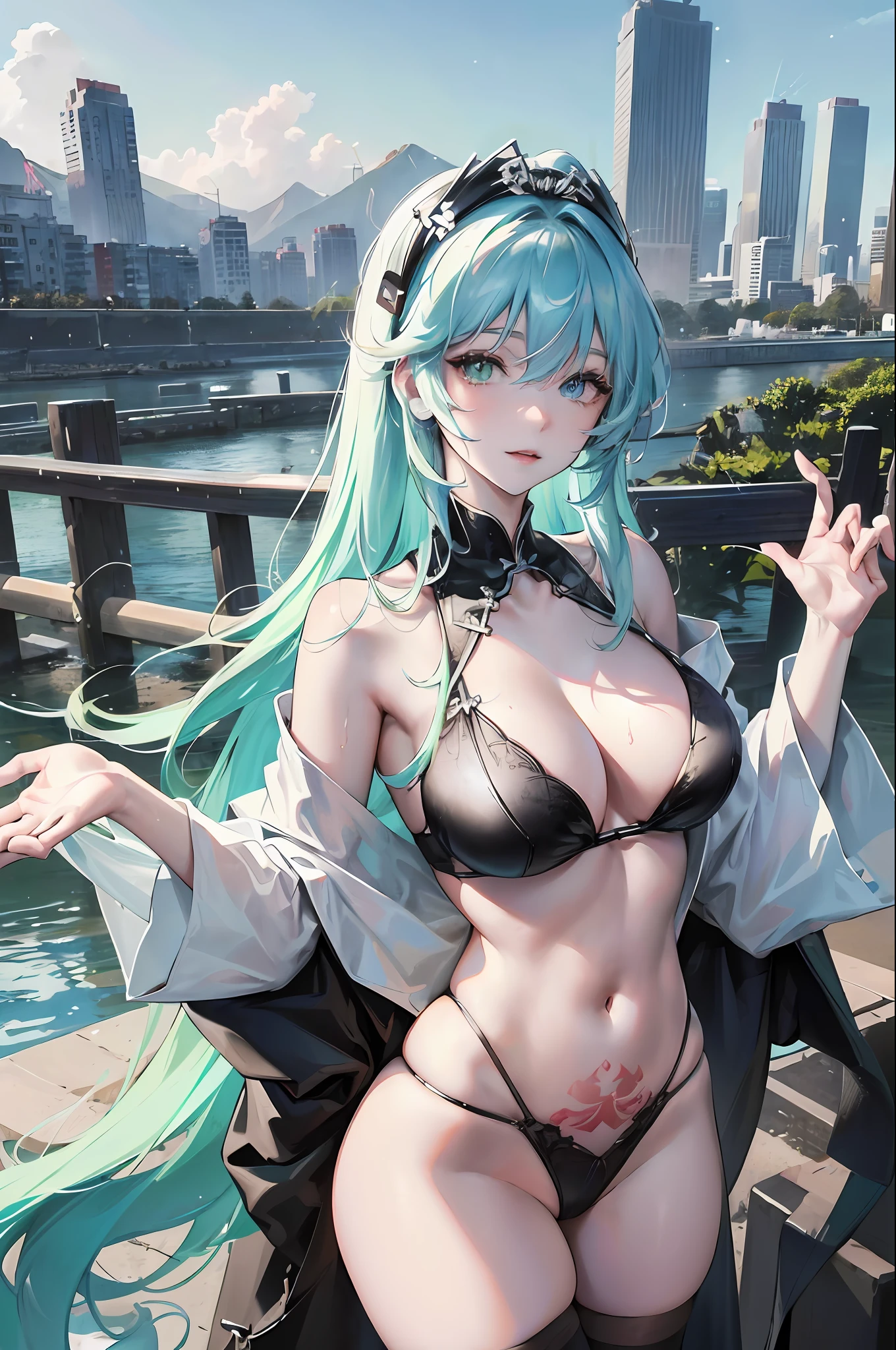 Official Art, Masterpiece, Sharp Focus, (Beautiful Gorgeous and Cute Chinese Woman: 1.3), (Beautiful and Cute Chinese: 1.3), Chinese Beauty with Light Green Hair, Wearing Bikini, Thong and Jumpsuit, Beautiful Tattoos on Upper Body, Delicately Beautiful Hair and Eyes and Face Reaching the Ground, Realistic, Super Detailed, Beautiful Girl, Fine Light Rain, Wet Clothes, Glowing White Particles, (Sidelighting: 1.2), Sunlight, White Clouds, Detailed Clouds, Slender, Cute big breasts and big buttocks, toothless smile ((eyes open when laughing)), scenery, long straight hair, sexy facial expressions, mountains and rivers in the background, wet clothes clinging to the curves of the body, (cityscape:1.7), dynamic hair, long straight hair, delicate colored hair, glowing heterochromic pupils, black stockings, pale skin, hair accessories, epic landscapes, collars and hair accessories, hair especially long