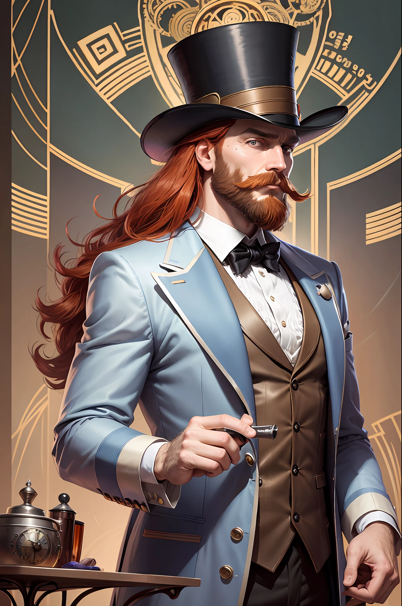 there is a Redhead beard man with a top hat and a magnifying glass, wearing a monocle, silver monocle, with a glass eye and a top hat, top hat and luxurious moustache, he is wearing a top hat, archwizzard in a hat, the guy from a clockwork orange, caracter with brown hat, monocle, attractive magician man