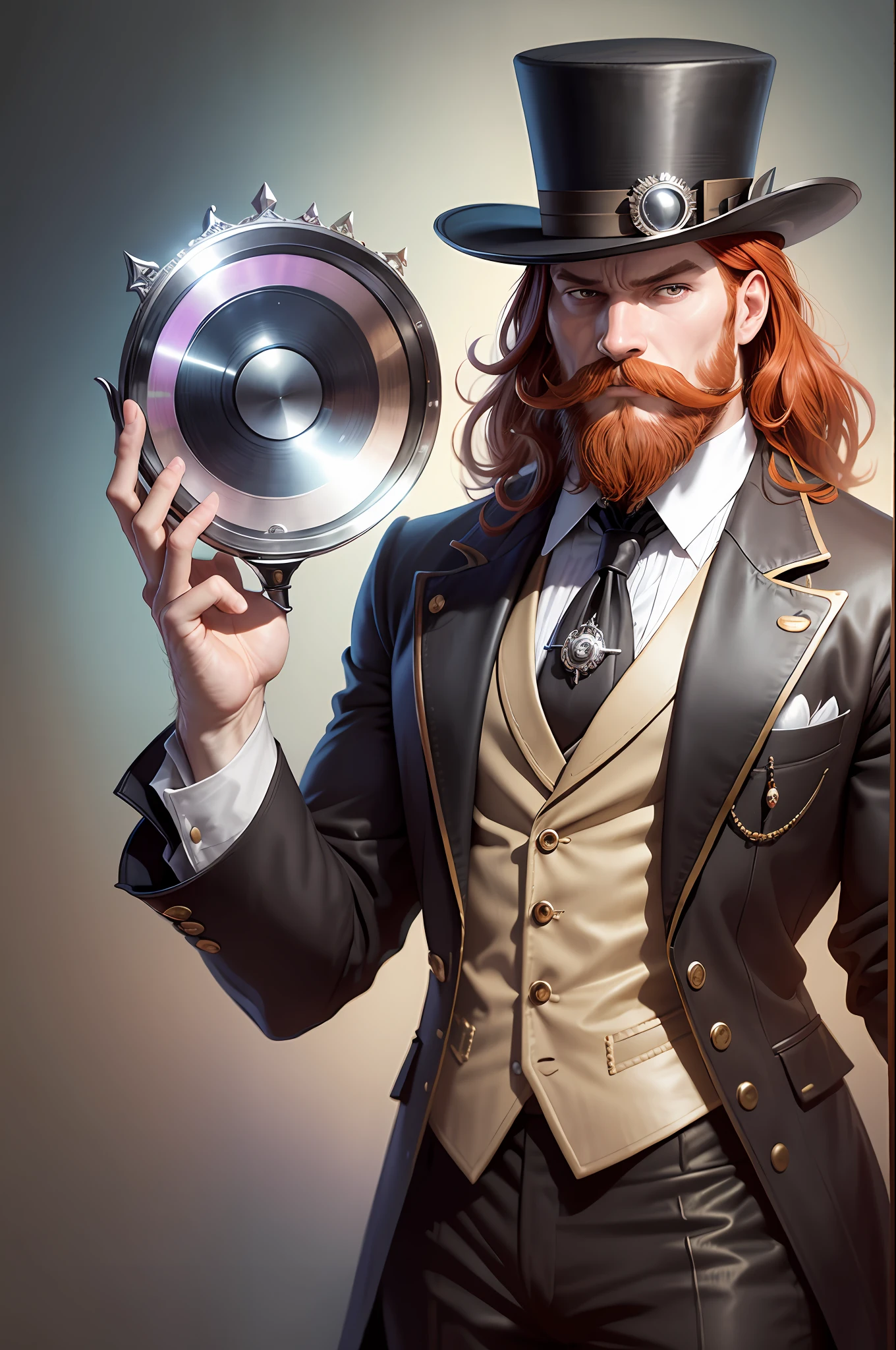 there is a Redhead beard man with a top hat and a magnifying glass, wearing a monocle, silver monocle, with a glass eye and a top hat, top hat and luxurious moustache, he is wearing a top hat, archwizzard in a hat, the guy from a clockwork orange, caracter with brown hat, monocle, attractive magician man