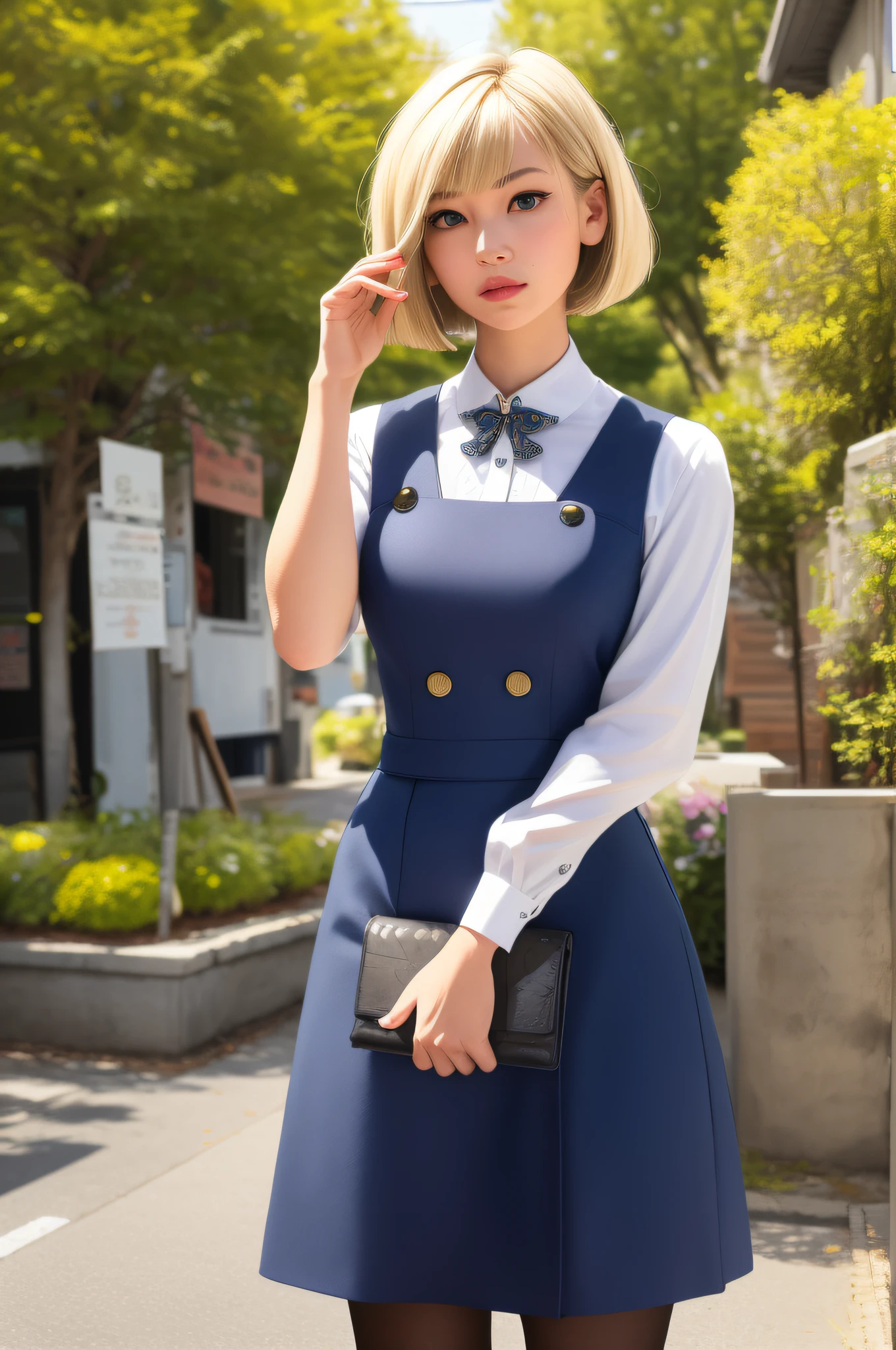 (realistic: 1.2), (mksks style, detailed background) Anne Kirishima, blonde hair, (short hair: 0.6), blue eyes, bob cut, monocle hair ornament, medium breasts, (solo), (outdoor, spring: 1.3)