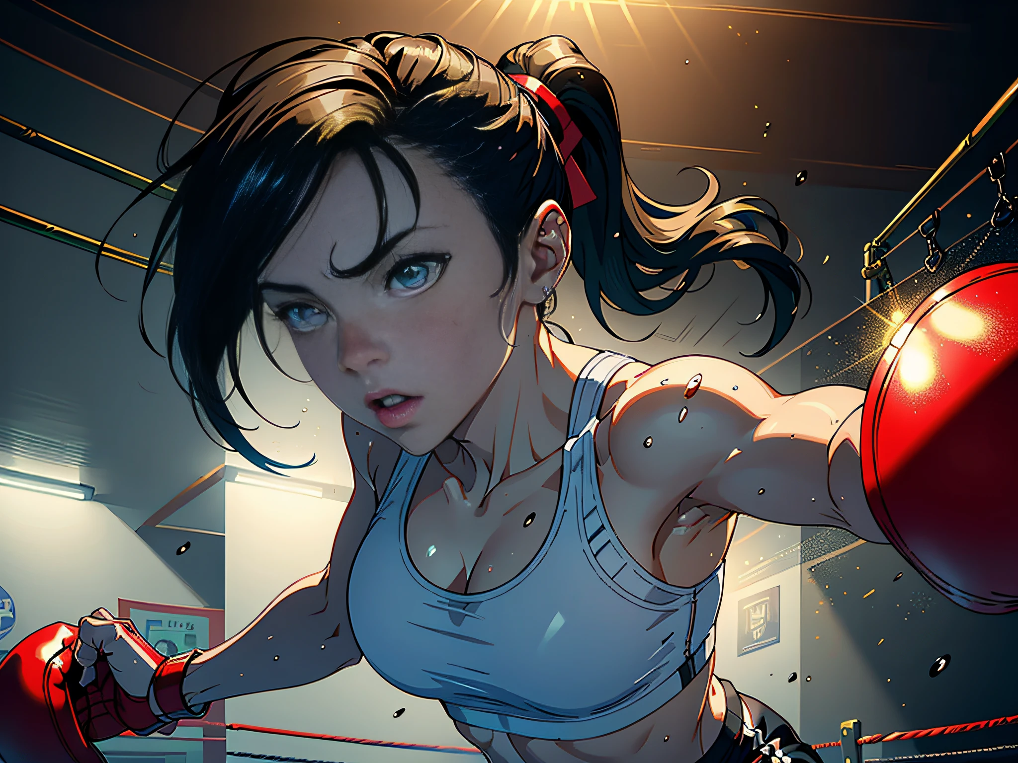 (original) , (very detailed wallpaper) , (best quality) , (masterpiece) , photographic reality, realistic, very detailed illustrations, (1 girl) , beautiful eyes, (delicate face) , perfect detail, (best lighting) , (super complex details) ,
(boxing girl) , (aggressive punching) , sweat, heavy breathing, (oppressive attack) , (boxing ring) , athletic shorts, perfect detail, perfect fingers, perfect limbs, impact, (shiny skin) , abs, muscles, waistline,boxing shorts, fist fight, black hair, high ponytail, very long hair,
4K unified, (super detailed CG: 1.2) , (8K: 1.2) , realistic, octane rendering