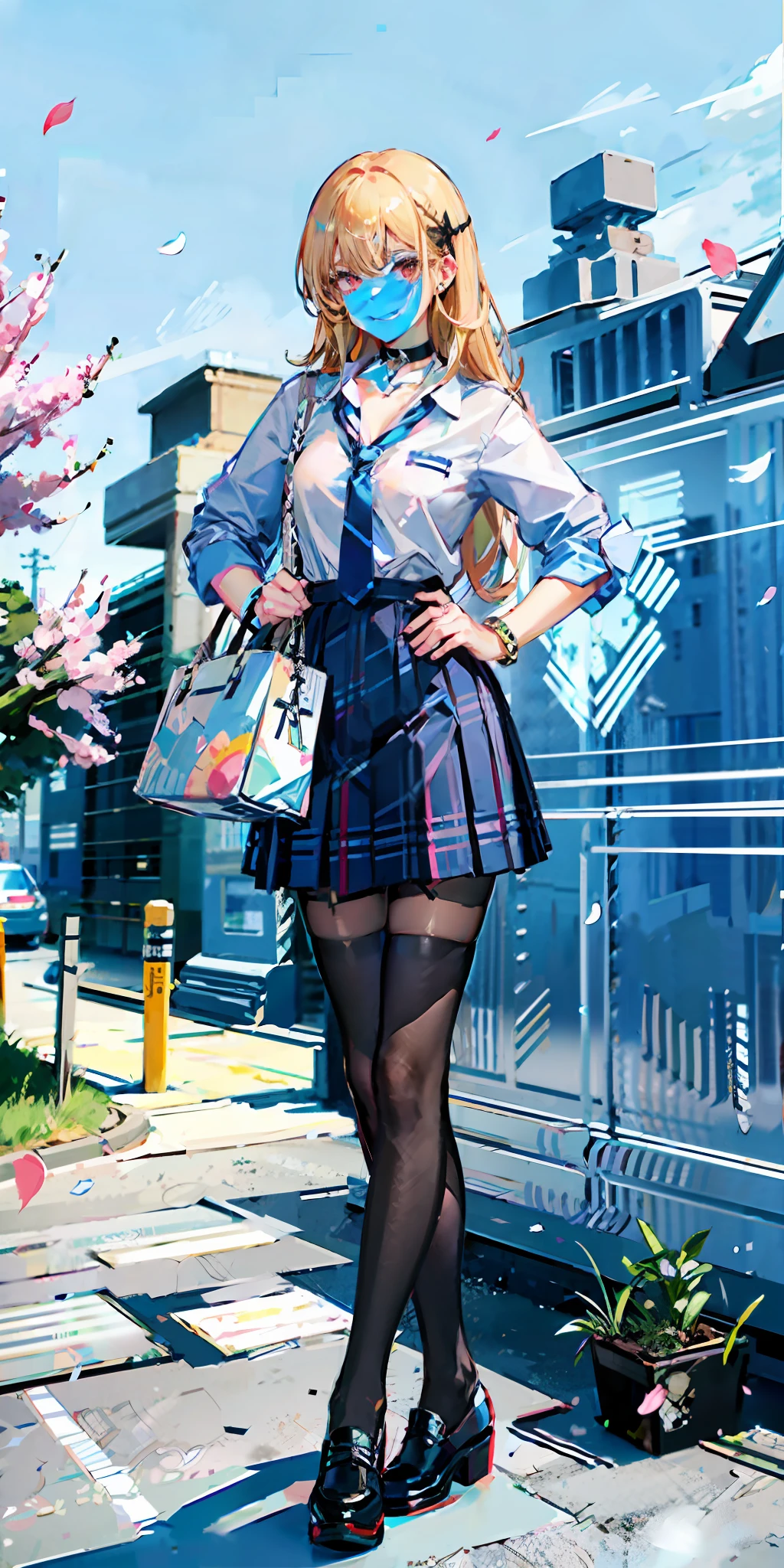masterpiece, best quality, salute, hand on hip, full body,
1girl, bangs, black choker, black necktie, blonde hair, blue skirt, blush, bracelet, breasts, choker, clothes around waist, collarbone, collared shirt, cowboy shot, dress shirt, ear piercing, eyebrows visible through hair, gradient hair, grin, gyaru, jewelry, kogal, long hair, looking at viewer, loose necktie, necktie, piercing, plaid, plaid skirt, pleated skirt, red eyes, ring, school uniform, shirt, skirt, smile, solo, white shirt, street, sky, cherry blossoms, petals,