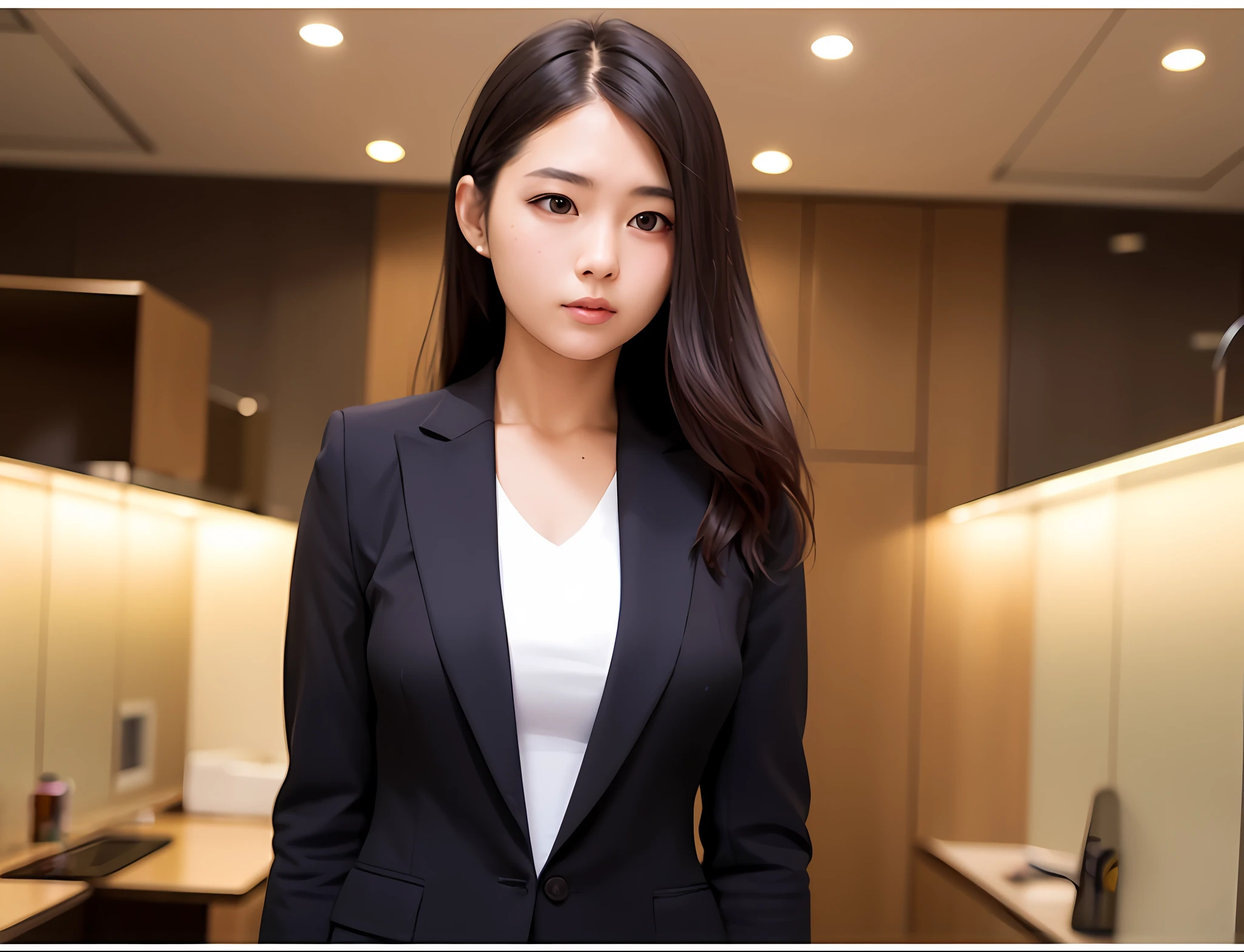 there is a woman in a suit standing in a kitchen, wearing business suit, wearing a business suit, girl in suit, girl in a suit, wearing black business suit, well lit professional photo, wearing a strict business suit, woman in business suit, korean woman, in a business suit, taken with canon eos 5 d mark iv, woman in black business suit