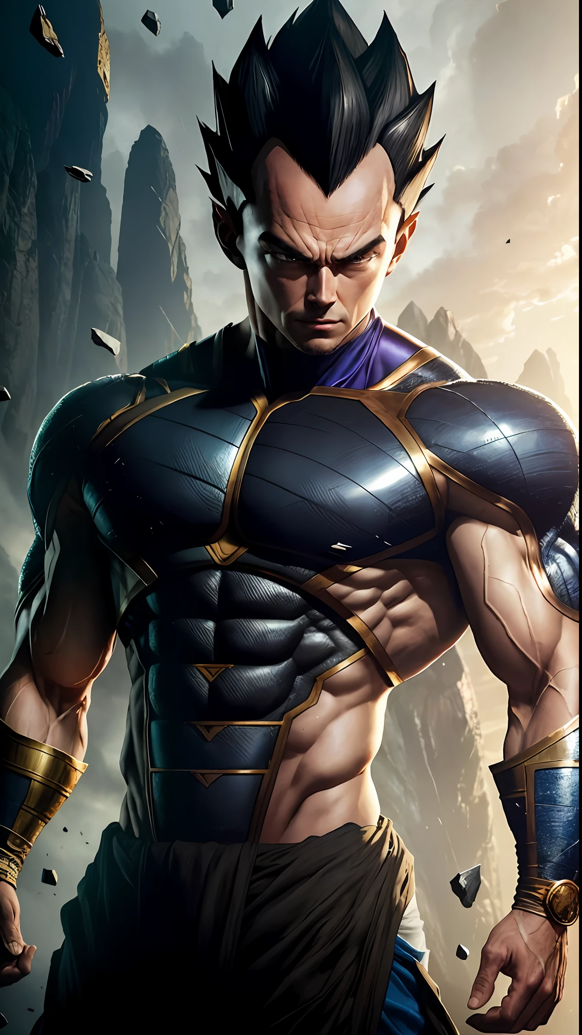 8k portrait of vegeta muscular, intricate, elegant, highly detailed,full body, majestic, digital photography, art by artgerm and ruan jia and greg rutkowski, black hair, beardless face, broken glass (masterpiece, side lighting, beautiful finely detailed eyes: 1.2 ), hdr,