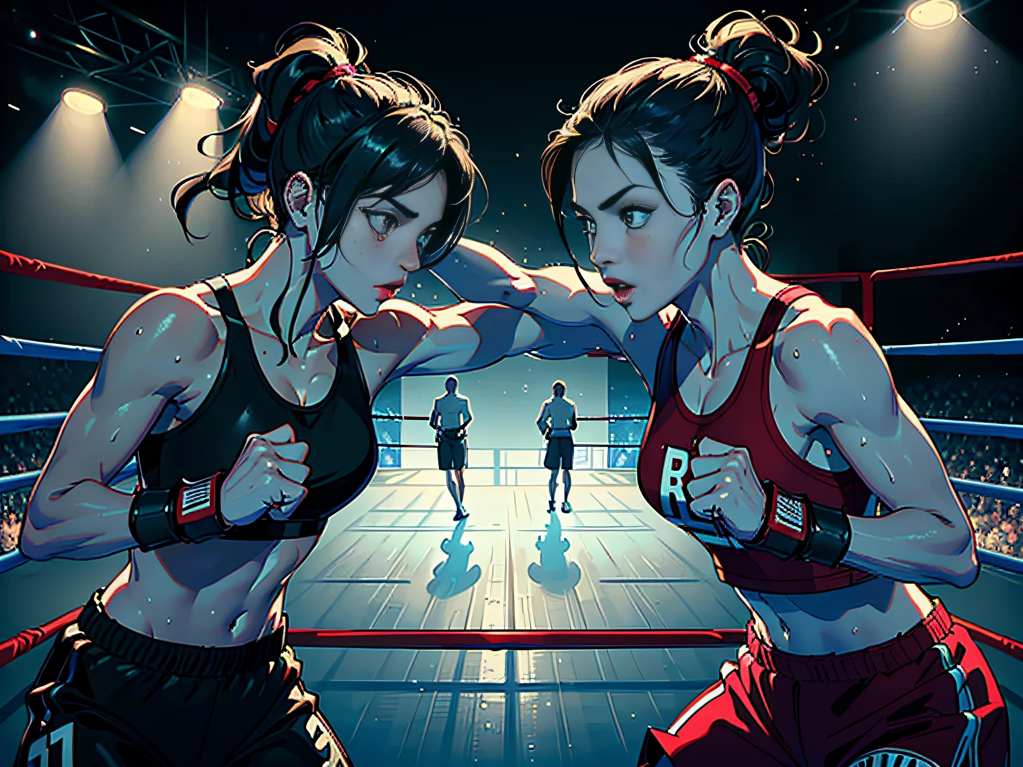 (Original), (Boxing Match), (Best Quality), (Masterpiece), Photographic Reality, Realistic, Very Detailed Illustrations, (1 Girl), Beautiful Eyes, (Delicate Face), Perfect Details, (Best Lighting), (Super Intricate Details), (Boxing Girl), (Aggressive Punching), Sweat, Heavy Breathing, (Crushing Attack), (Boxing Ring), Sports Shorts, Perfect Details, Perfect Fingers, Perfect Limbs, Impact, (Shiny Skin), Abs, Muscles, Waist Line, Boxing Shorts , boxing, black hair, high ponytail, super long hair, 4K unity, (super fine CG: 1.2), (8K: 1.2), realistic, octane rendering