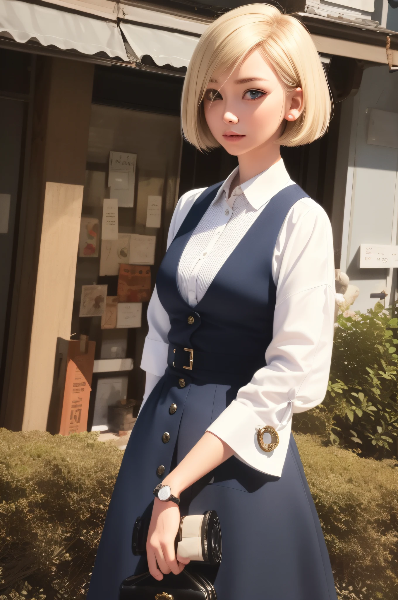 (realistic: 1.2), (mksks style, detailed background) April Kirishima, blonde hair, (short hair: 0.6), blue eyes, bob cut, monocle hair ornament, medium breasts, (solo), (outdoor, spring: 1.3)