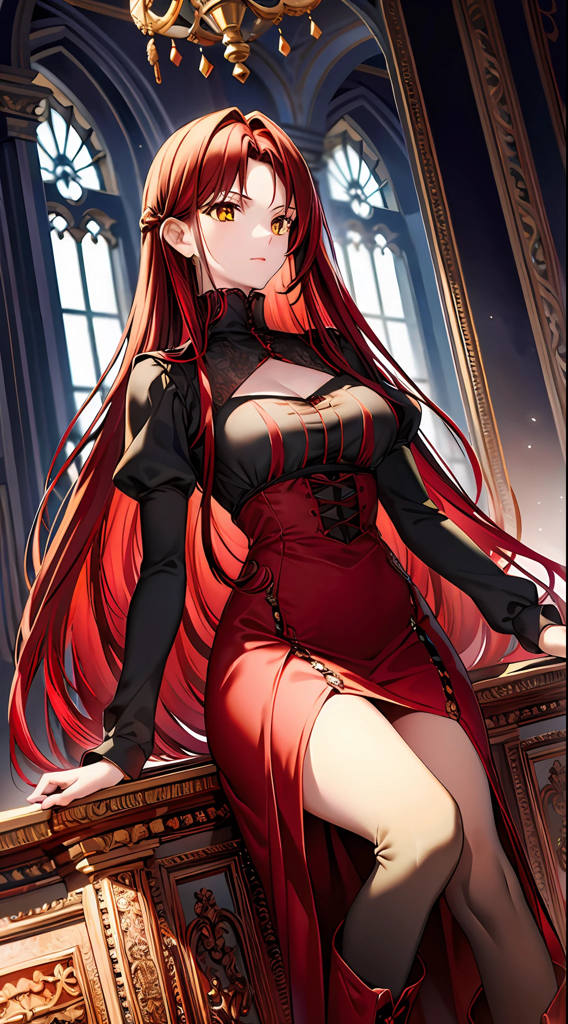 (masterpiece, best quality) an adult woman with very long red hair with short dress, red leather, black bows, long stockings, exposed arms, cleavage, black boots, torn clothes, queen, yellow eyes, serious, blood, emotionless, red sky, palace, white walls, luxury, straight bangs, ((very long red hair)), evil, only one character, (yellow eyes), gothic, red forest, medium chest, waist to head portrait, cinematics, color oil painting, cinematic lighting, extremely detailed face, finely detailed face, beautiful face, beautiful eyes, perfect lighting, depth of field, realistic proportions, good anatomy,, ((masterpiece)), (extremely detailed, more detailed, official art, beautiful and aesthetic: 1.2)