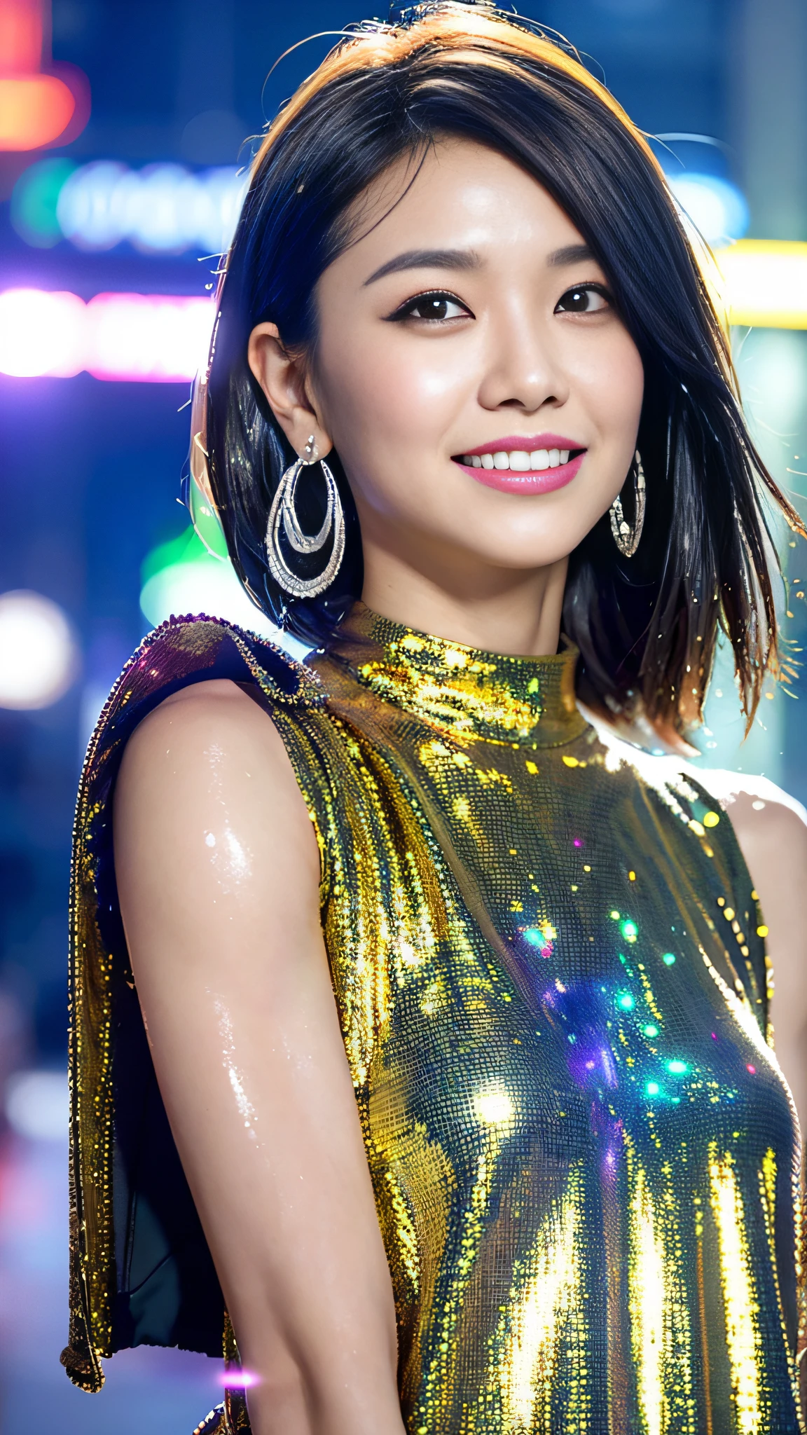 ((Best Quality)), ((Masterpiece)), (High Definition:1.3), 3D, Beautiful (Cyberpunk:1.3) Woman with boyish hair in siyot cut, HDR (High Dynamic Range), Ray Tracing, NVIDIA RTX, Super Resolution, Unreal 5, Subsurface Scattering, PBR Texturing, Post-Processing, Anisotropic Filtering, depth of field, maximum clarity and sharpness, multi-layer textures, albedo and specular maps, surface shading, accurate simulation of light-material interactions, perfect proportions, octane rendering, two-tone lighting, low ISO, white balance, rule of thirds, wide aperture, 8K raw, efficient subpixel, subpixel convolution, luminous particles, Smiling smile, slouching pose, yellow lip grease, earrings with large heart shape, glowing piercings, thin shaped glasses, large lips, sweating furiously, wet floor, tattoos, hair color two-tone, muscular legs, smiling with tongue out, peace sign, tan, brown, drooping eyes, atomsfa, lens flares blue, indirect lighting, Shorn bob-cut hair, glitter powder, muscular calves, muscular shoulders, gentle, butterflies flying, leaking, perspective, precise perfect teeth, precise face and symmetrical face and eyes, downtown, late night, precise background, wet on the street, low heads. Turning around pose. Wink.