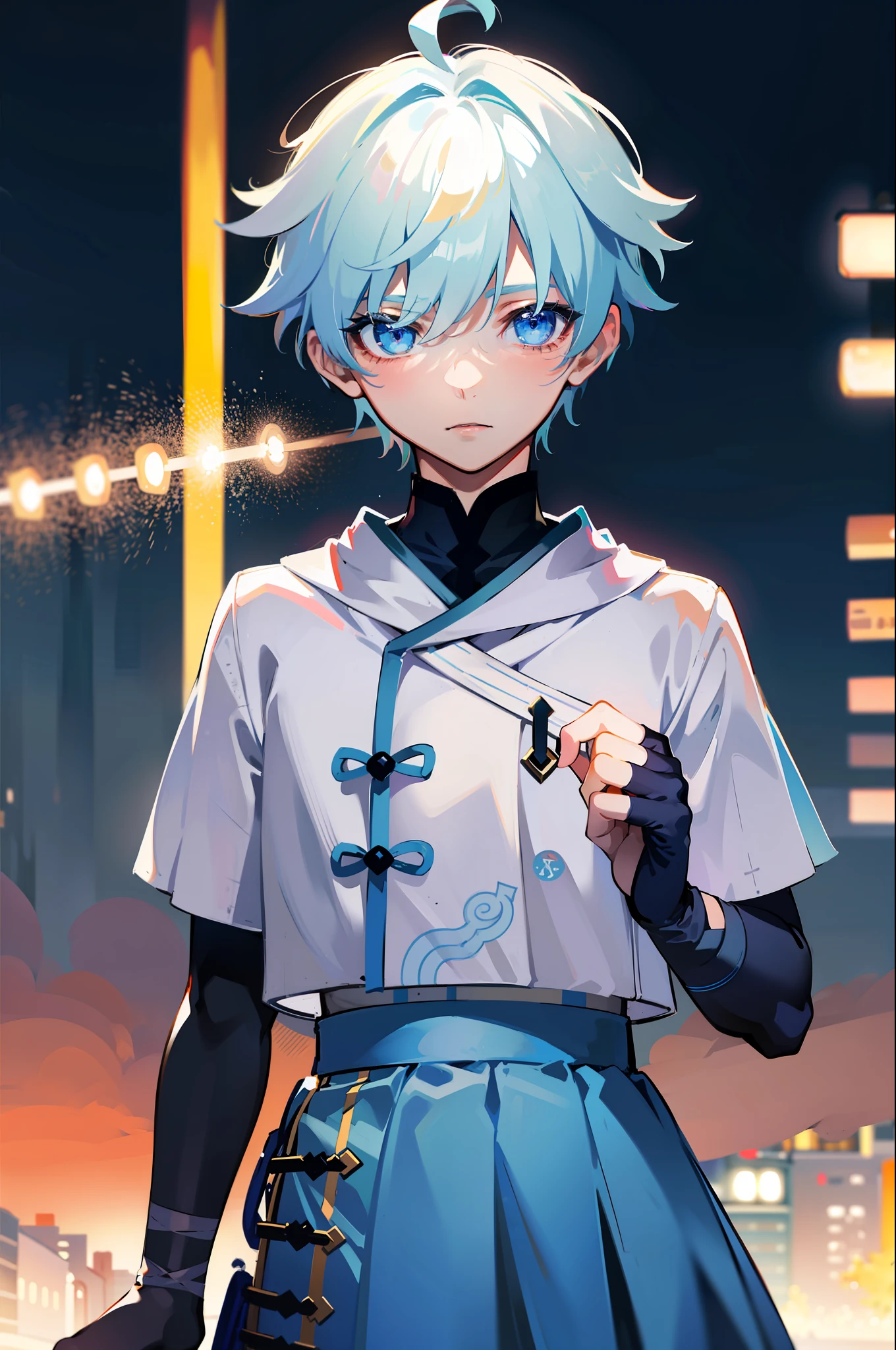 (8k, RAW photo, best quality, masterpiece:1.3),(night),(looking at viewer:1.331),(white hair),posing,Tokyo street,nightcityscape,1boy, extremely beautiful face,bust,put down hands,Random hairstyle,Random expression,big eyes, ,lower abdomen,(short-sleeved
JK_shirt),JK_style,(JK_skirt) ,(bow JK_tie),mix4, , (school uniform:1.5), chongyun_(genshin impact),light blue hair,cute face,upper body,chongyun (genshin impact), 1boy, mature male, solo, blue eyes, blue hair, gloves, ahoge, close up,