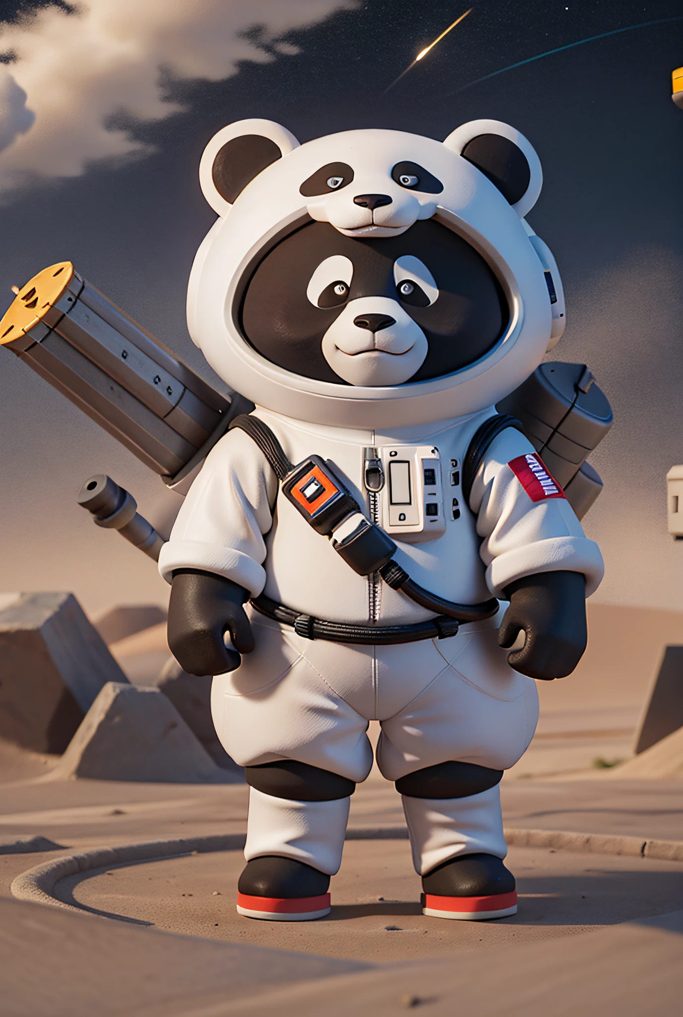 Panda, in a spacesuit, standing next to the rocket model, pure gray background, no flag,
