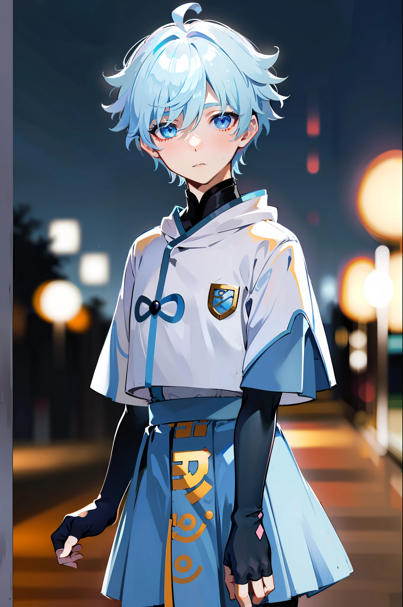 (8k, RAW photo, best quality, masterpiece:1.3),(night),(looking at viewer:1.331),(white hair),posing,Tokyo street,nightcityscape,1boy, extremely beautiful face,bust,put down hands,Random hairstyle,Random expression,big eyes, ,lower abdomen,(short-sleeved
JK_shirt),JK_style,(JK_skirt) ,(bow JK_tie),mix4, , (school uniform:1.5), chongyun_(genshin impact),light blue hair,cute face,upper body,chongyun (genshin impact), 1boy, mature male, solo, blue eyes, blue hair, gloves, ahoge, close up,