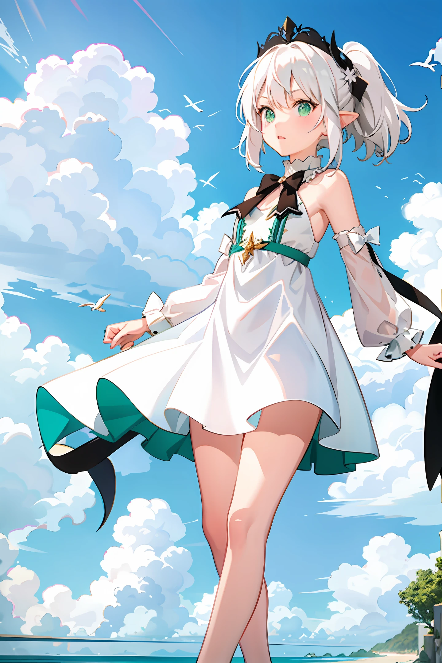 Loli White hair, green eyes, single ponytail, elf ears, swimsuit,, two-dimensional white dress