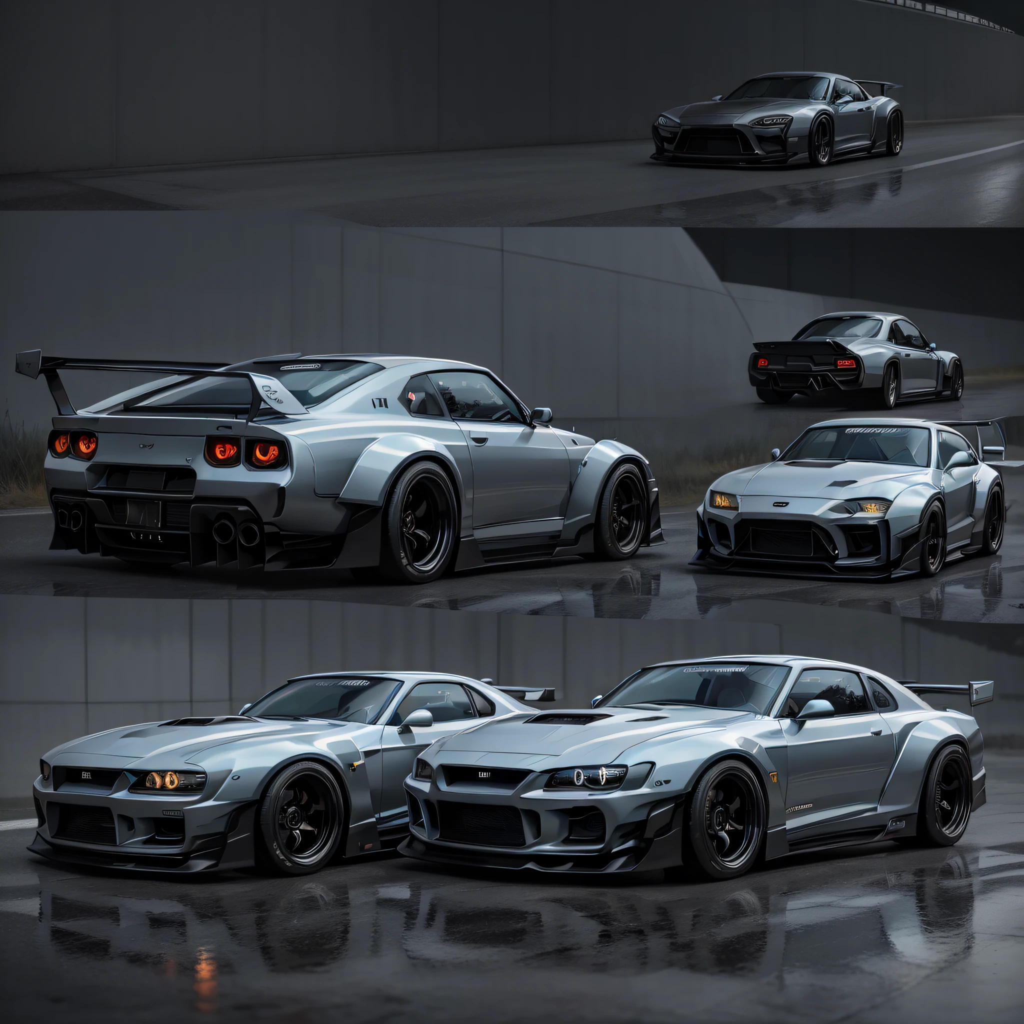 (8k, 32K, RAW Photos, Best Quality, Masterpiece: 1.2), ULRA High Resolution, (Photorealistic: 1.2), Cinematic Lights, (Realistic Light Reflection), Rain, Splash, (Soft Volumetric Lighting: 1.2), (Realistic, Photorealistic: 1.37), Detailed Skins, (Professional Lighting, Photon Mapping), ( Radiosity), Physically Based Rendering, Perspective, Shortening, (Photorealistic: 1.2), (Nisan Skyline GTR: 1.4), Luxury Cars, Sports Cars, Racing Cars, (Blue Metallic Paint: 1.2), Metropolitan Takawanshore Line at Night, Rival Car Toyota Supra Battle Racing, Parallel Running, Rainbow Bridge, TOKYO