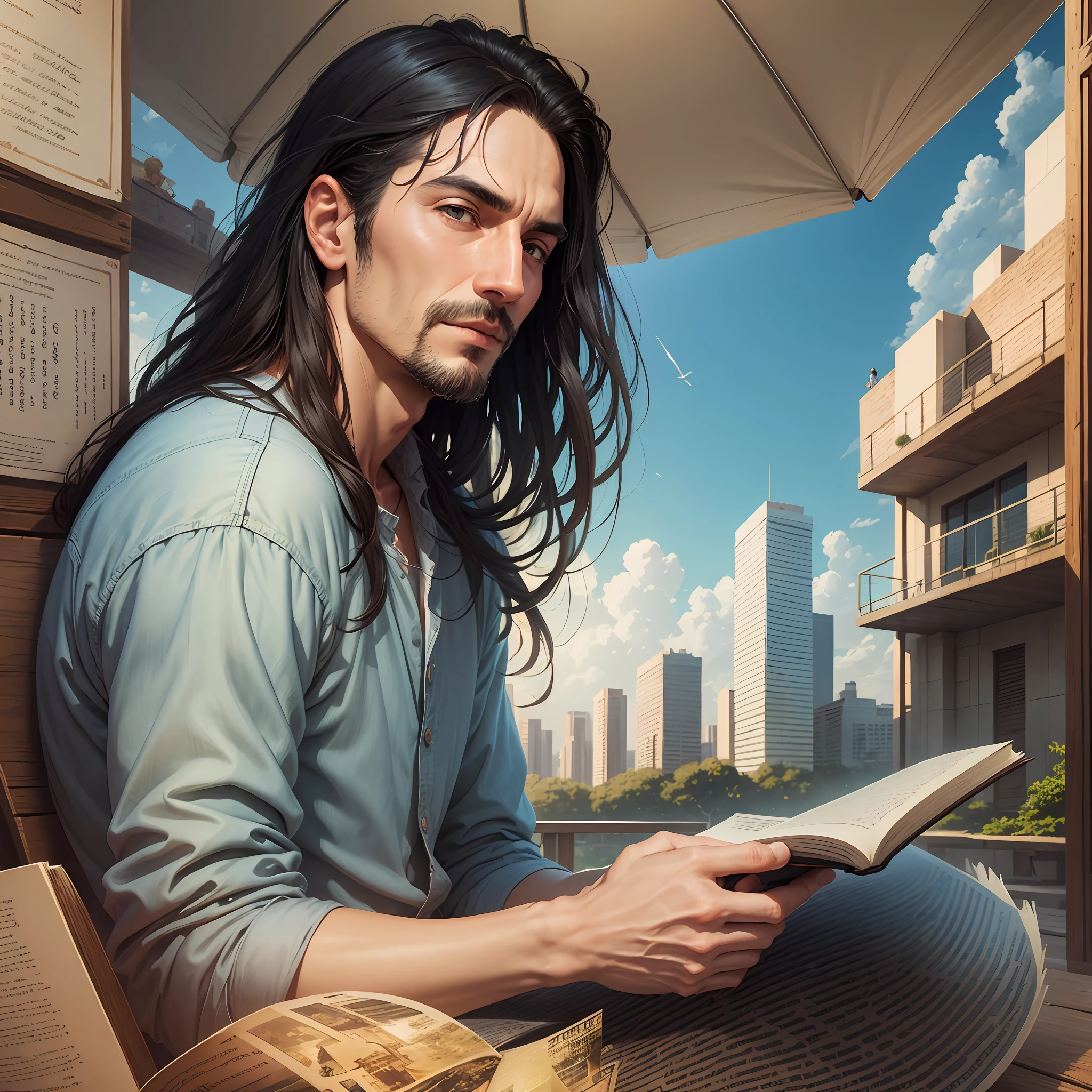 A man reading a book, The book covers the face, black hair, outdoors, The sunshine, blue sky, Photorealism, Surrealism, high detail, stereogram, best quality, award winning --auto --s2