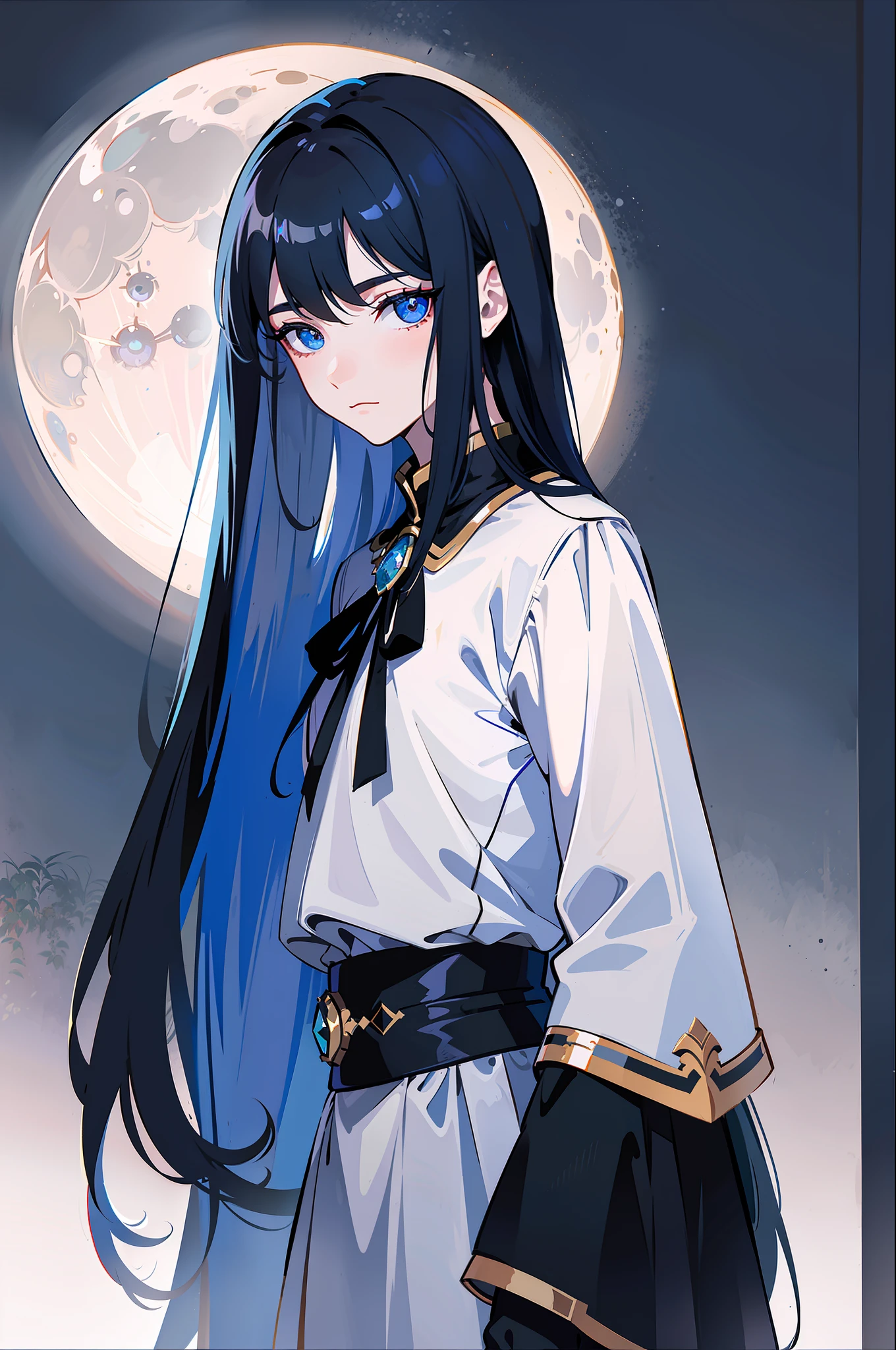 (Detailed clothes, detailed face), 1 male, tall feminime guy, very long black hair with blue highlights, best light and shadow, background is at a hallway, detasiled moonlight, day, depth of field, plants, night time, pale skin, feminine boy, gem-like blue eyes, gemstone blue eyes, small pieces of blue gemstones on both cheeks, uniform, fantasy uniform, royal knight, rapier, protrait, facing front, night time, full moon, moonlight
