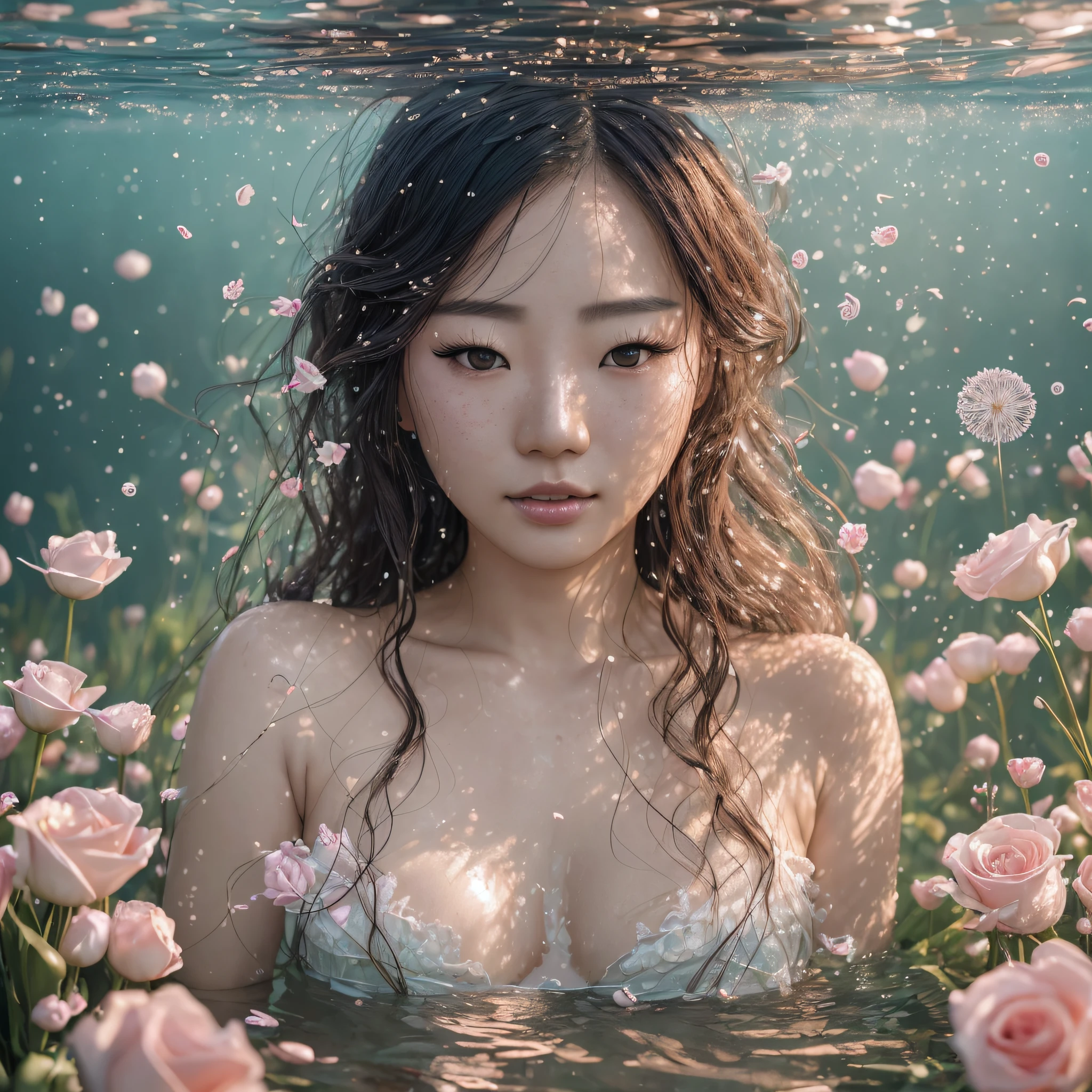 hyperrealistic sexy korean woman, in her thirties, freckles, Gorgeous sexy beautiful, underwater cotton and roses, tulips, with freckles and curls, skindetails and wet pores during golden hour, skin with beautiful nostalgic mood, emotive face with wet skin and petals falling and dandelion seeds flying and dramatic light play --auto --s2