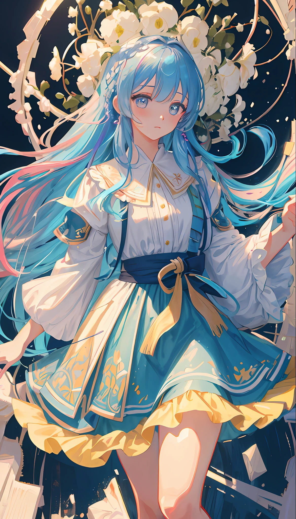 (masterpiece), (best quality), (ultra detailed),(disheveled hair),(illustration), (1girl), (Fashionable clothing), standing, Fashion model, looking at viewer, (interview), (simple background),beautiful detailed eyes, delicate beautiful face, Floating,(high saturation),(colorful splashes),colorful bubble,(shining), focus on face, kamisato ayaka, light blue hair, bangs, hair ring, floating flowers, floating hairs.Girl, anime waifu, looking at viewer, highlydetailed, reflections transparent iridescent colors, long transparent iridescent RGB hair, artby Serafleur from artstation, thick acrylic,illustration on pixiv, waist up portrait, gorgeoussacred girl, best quality, ultra detailed,sad,clever,beautiful face , beautiful lighton black background, Character stvle renderedby Octane,