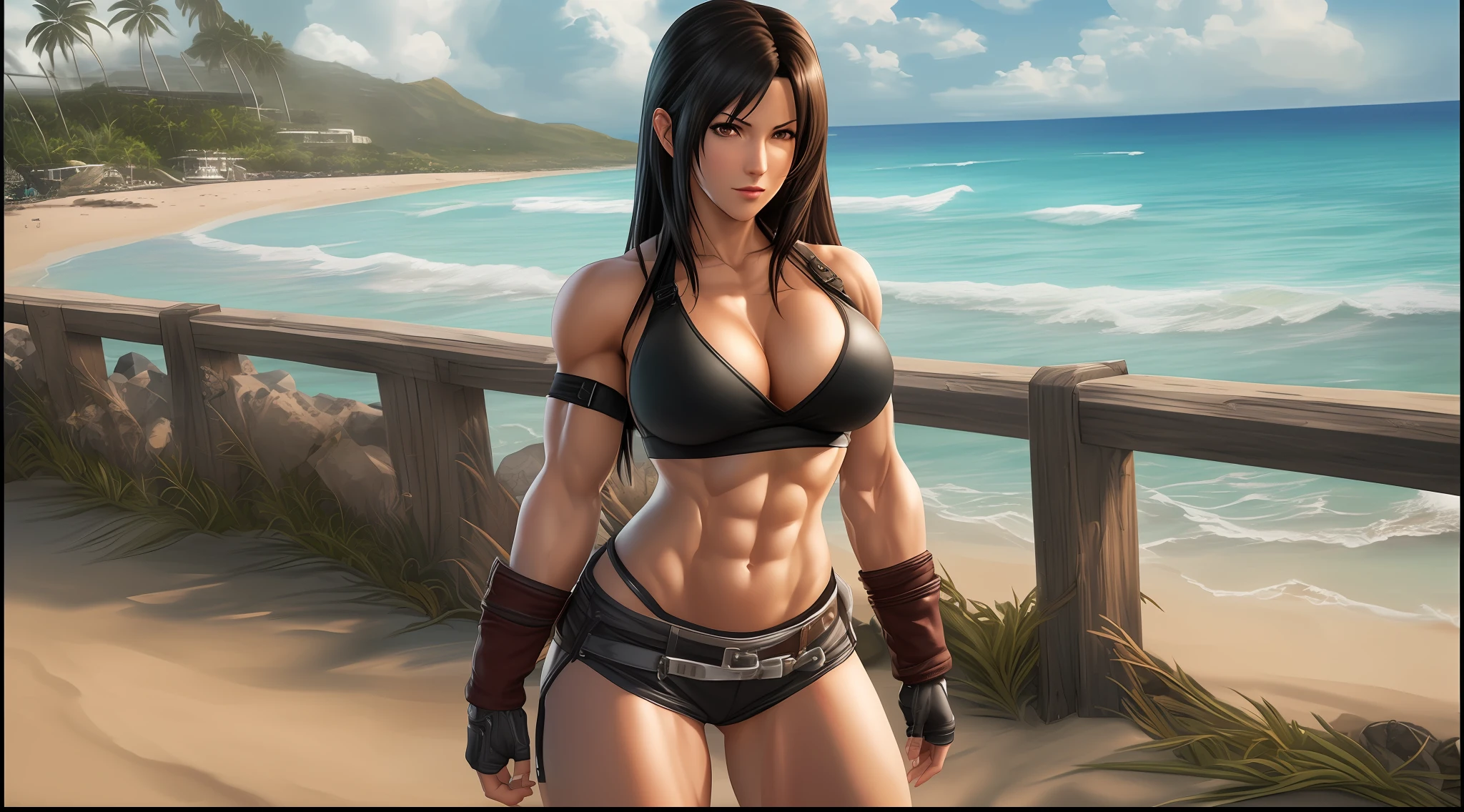 (Tifa Lockhart in Hyper-realism style, best quality, lots of detail, final fantasy game environment, Featured pose of muscular abdomen, 1 woman, 4k resolution, big biceps, (((bad anatomy)) on the beach