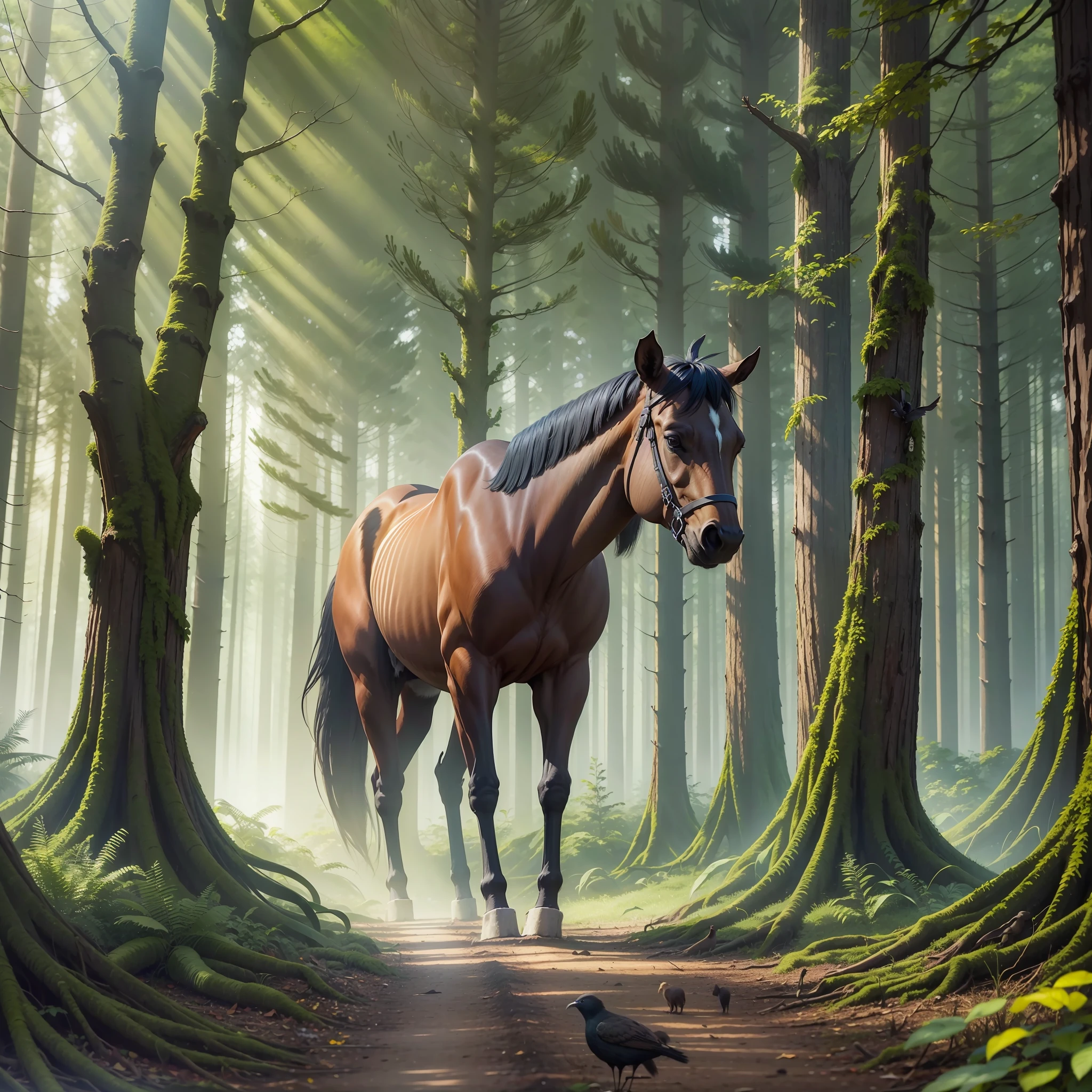 Interior of a forest with large trees, animals, hunter, birds, real image. --auto --s2