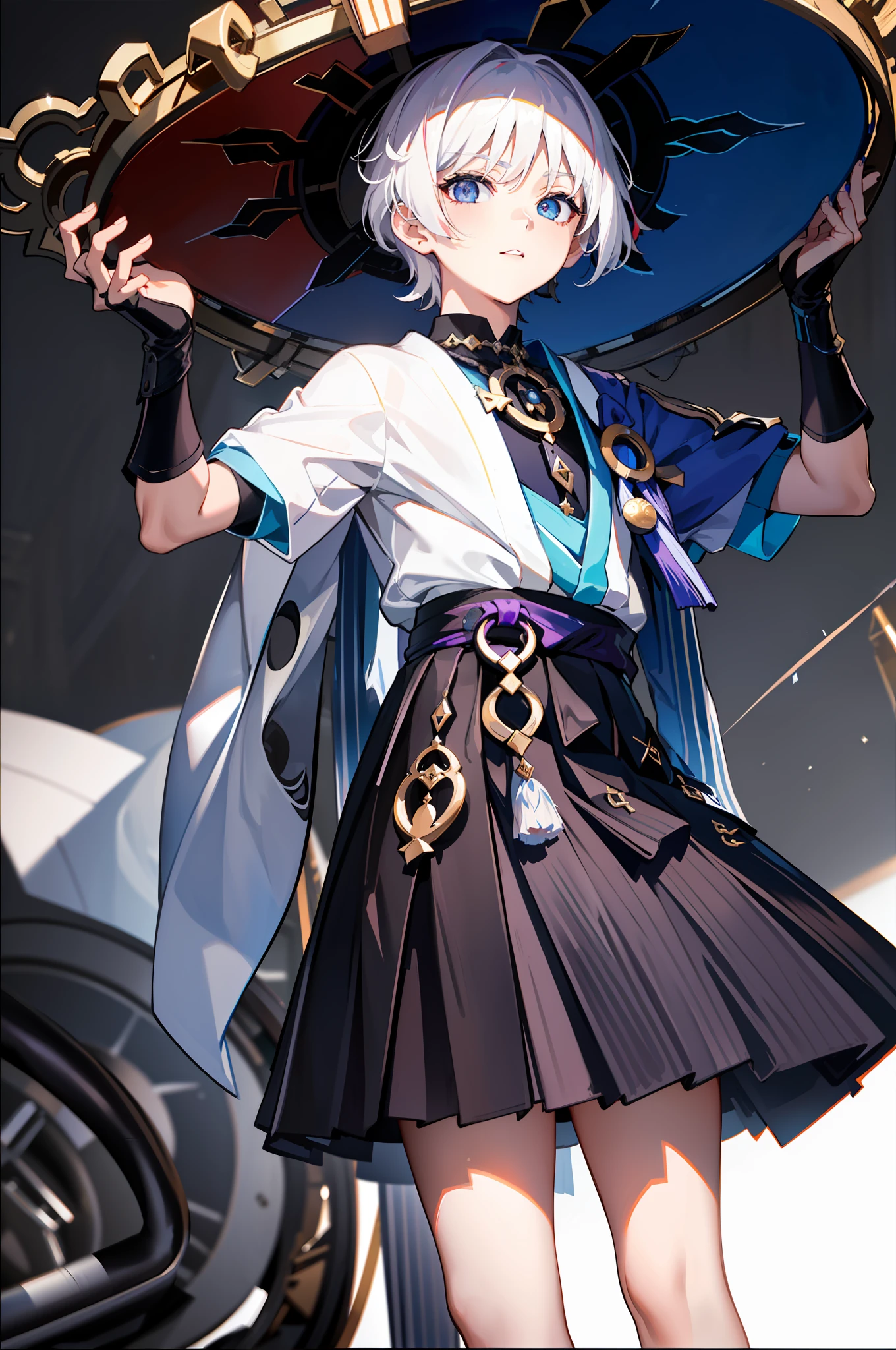 (8k, RAW photo, best quality, masterpiece:1.3),(night),(looking at viewer:1.331),(white hair),posing,Tokyo street,nightcityscape,1boy, extremely beautiful face,bust,put down hands,Random hairstyle,Random expression,big eyes, ,lower abdomen,(short-sleeved
JK_shirt),JK_style,(JK_skirt) ,(bow JK_tie),mix4,scaramouche_(gensin impact), male focus,