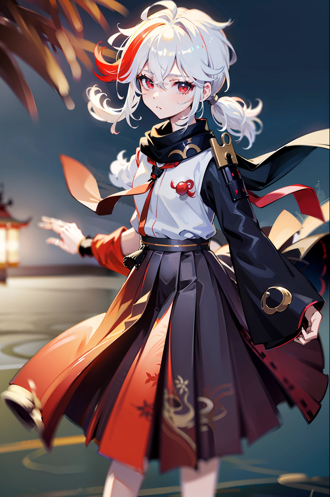 (8k, RAW photo, best quality, masterpiece:1.3),(night),(looking at viewer:1.331),(white hair),posing,Tokyo street,nightcityscape, extremely beautiful face,bust,put down hands,Random hairstyle,Random expression,big eyes, ,lower abdomen,(short-sleeved
JK_shirt),JK_style,(JK_skirt) ,(bow JK_tie),mix4, kaedehara kazuha, male focus, 1boy, solo, red eyes, bangs, multicolored hair, japanese clothes, streaked hair, red hair, hair between eyes, weapon, sword, white hair, closed mouth, ponytail, outdoors, tassel, looking at viewer, close up
