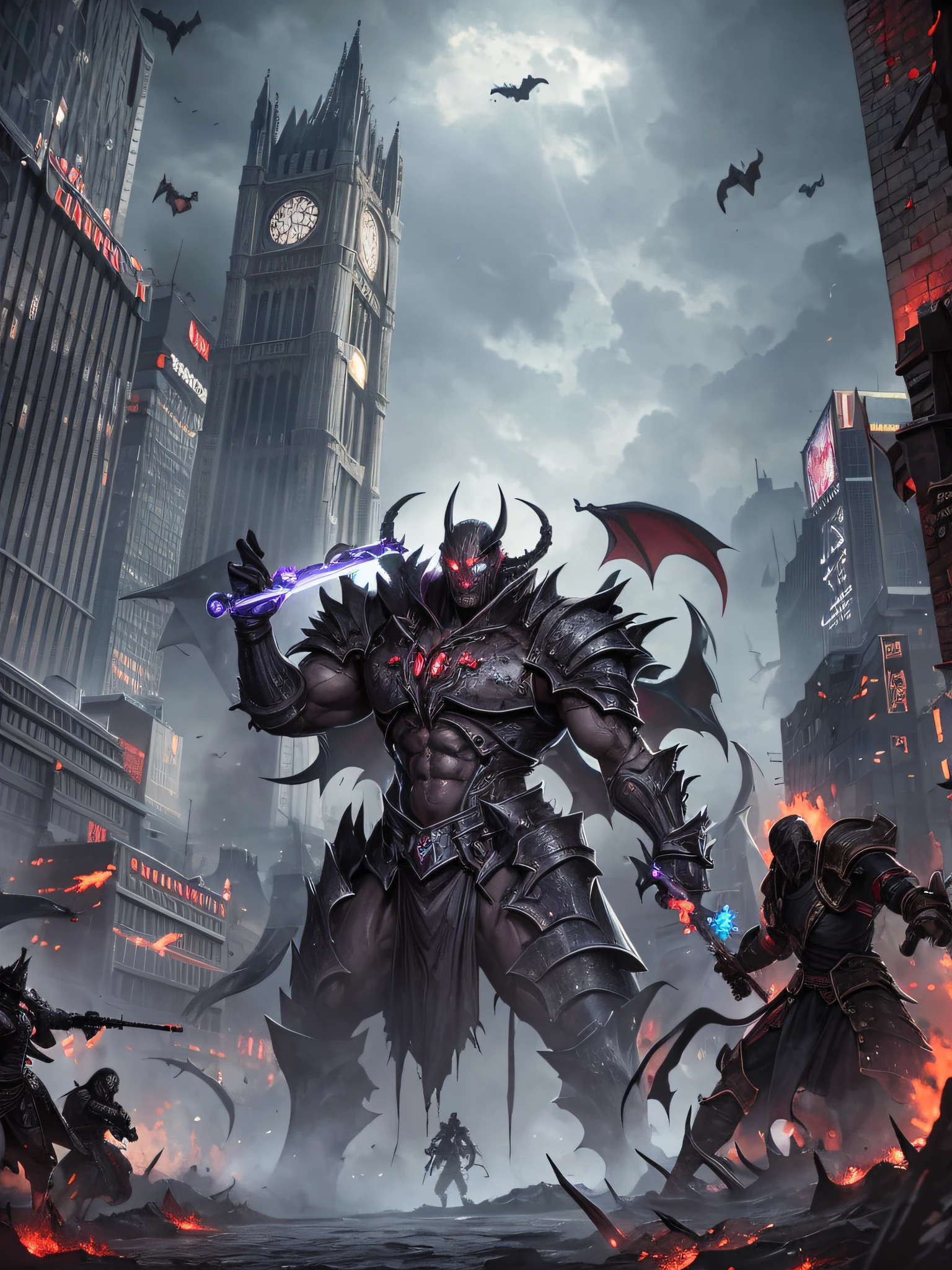 Background: Chaotic world full of demons, demon hunters, humans, vampires and other races, dark gothic fantasy style. This is a promotional image of a video game. A large number of soldiers charged into battle