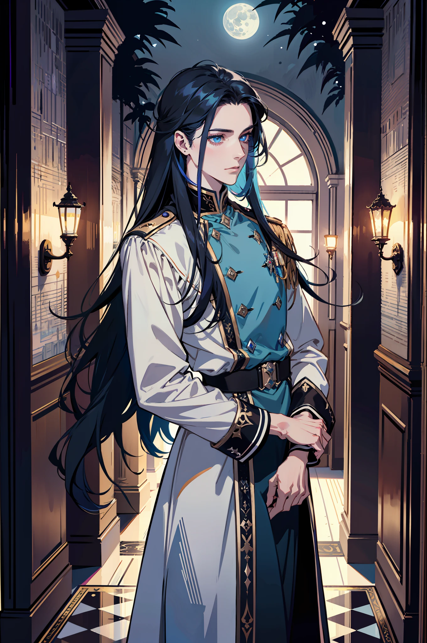 (Detailed clothes, detailed face), 1 male, femboy, tall feminime guy, very long black hair with blue highlights, best light and shadow, background is at a hallway, detasiled moonlight, plants, night time, pale skin, feminine boy, gem-like blue eyes, gemstone blue eyes, small pieces of blue gemstones on both cheeks, uniform, fantasy uniform, royal knight, rapier on holster, protrait, facing front, night time, full moon, moonlight