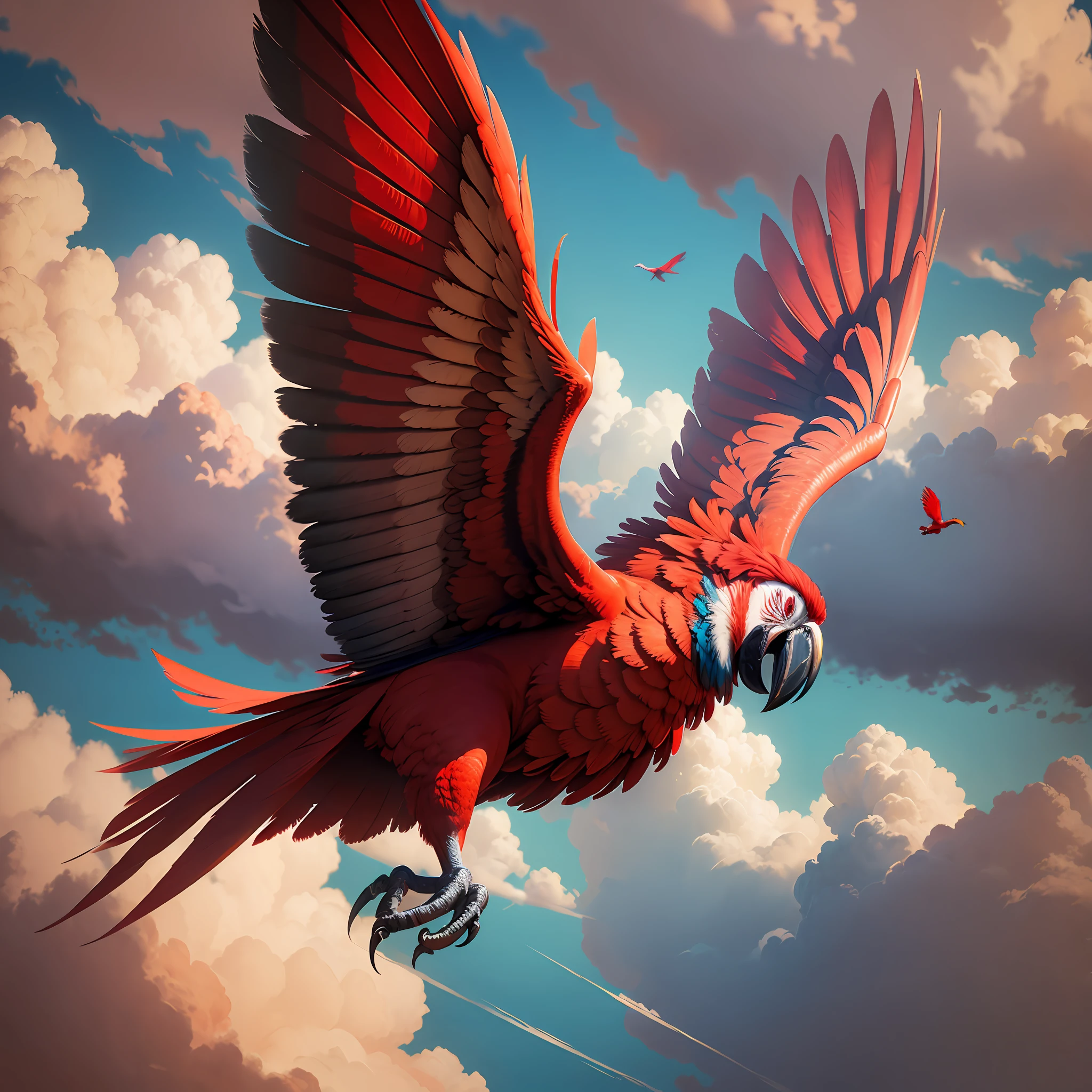 Red macaw flying in the sky. --auto --s2