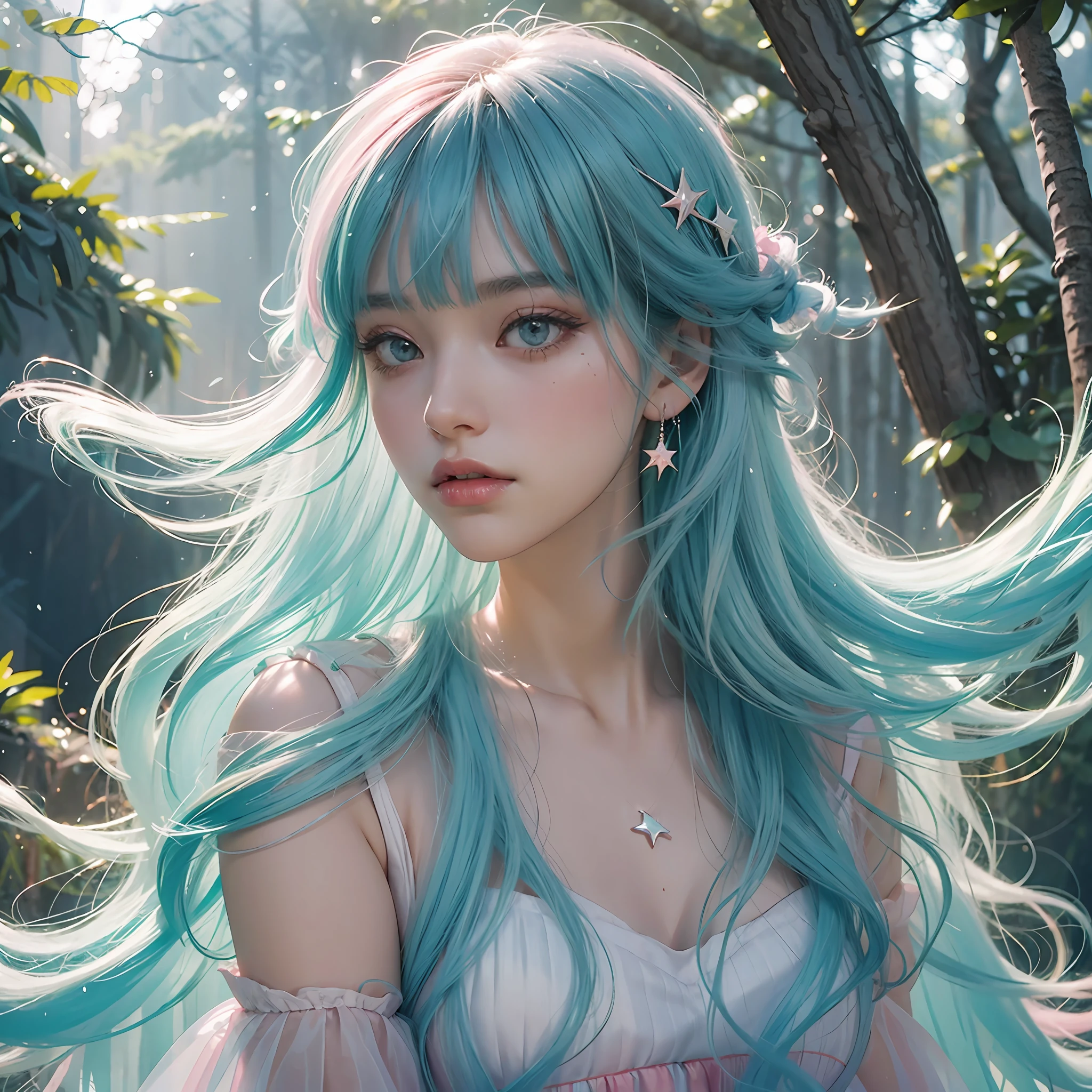 (fluorescent colors:1.4),(translucent:1.4),(retro filters:1.4), (fantasy:1.4), candy world Disney land ethereal soft fluffy soft landscape forest snowavatar Pastel pink sky green blue sparkle ethereal light pastel whimsical light rainbow stars diamonds sparkle gemstone background hyper realistic Ultra quality cinematic lighting immense detail Full hd painting Well lit,diagonal bangs,
collared dress,on side
masterpiece, best quality,realskin,(portrait:1.5), 1girl, blunt bangs, long hair