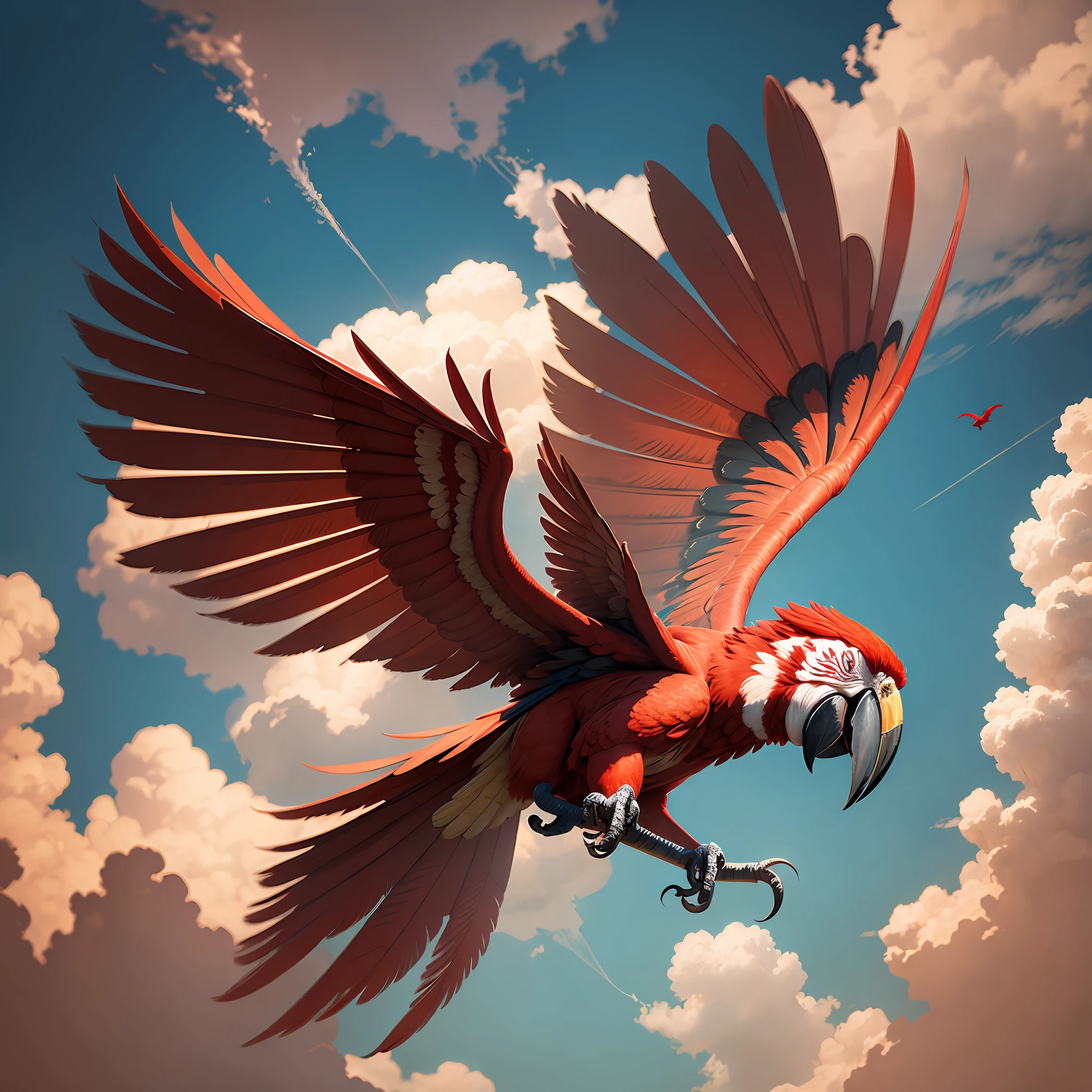 Red macaw flying in the sky. --auto --s2