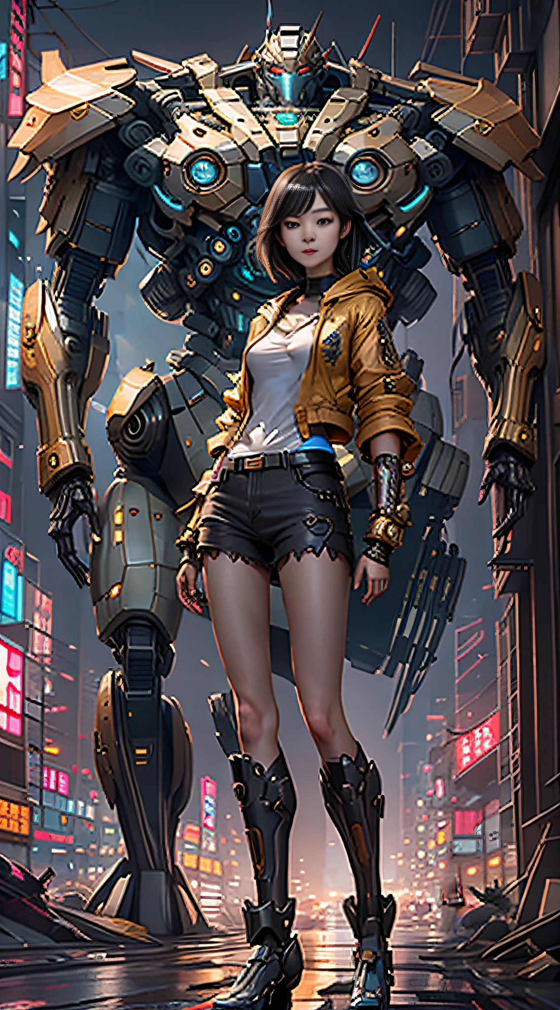 Boutique,best quality,Gold jewelry,(slip out feet),Fairy skin,(Fidelity :1.2),Standing,Super Detailed,realistic,High quality,Movie Light,Ray tracking,Ultra HD,Upper body
Girl in shorts and jacket standing next to giant robot, Guweiz style artwork, CyberPunk mech, Trends on CGSTATION, Guweiz, Russell Dongjun Lu, digital cyberpunk anime art, Ross Tran 8 K, Guweiz on ArtStation Pixiv, Girl in mecha network armor