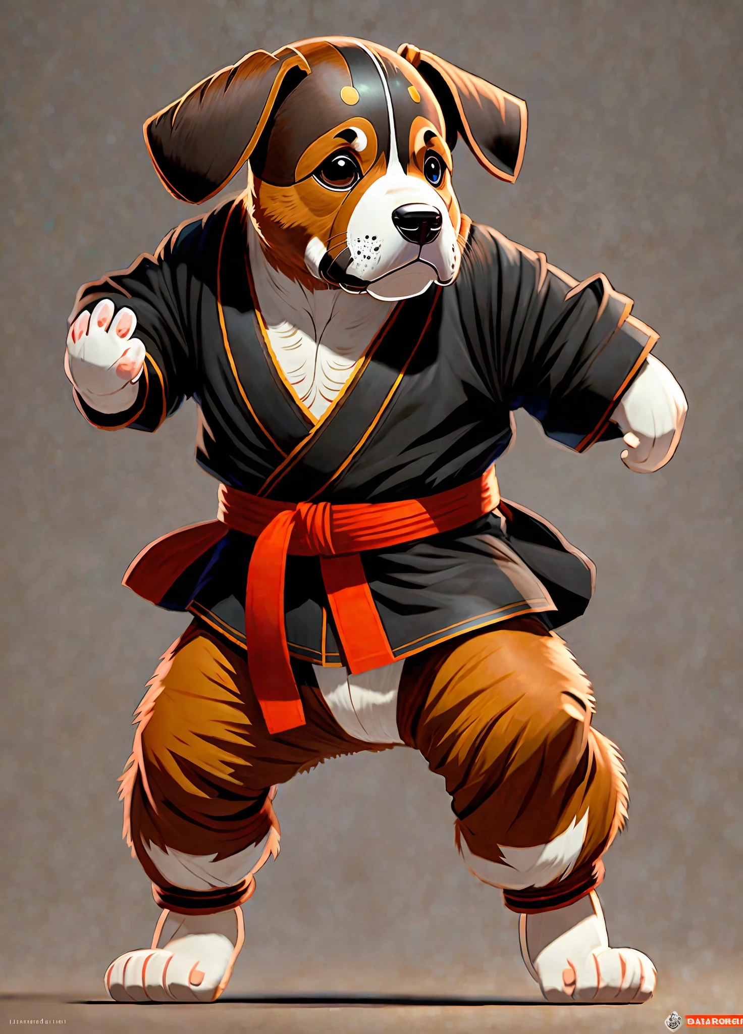 A humanoid, brown beagle dog with large drooping ears, cartoon style, wears a black eye mask and a red kung fu kimono, full body photo, action pose, ultra realistic photoreal, lots of details --auto --s2