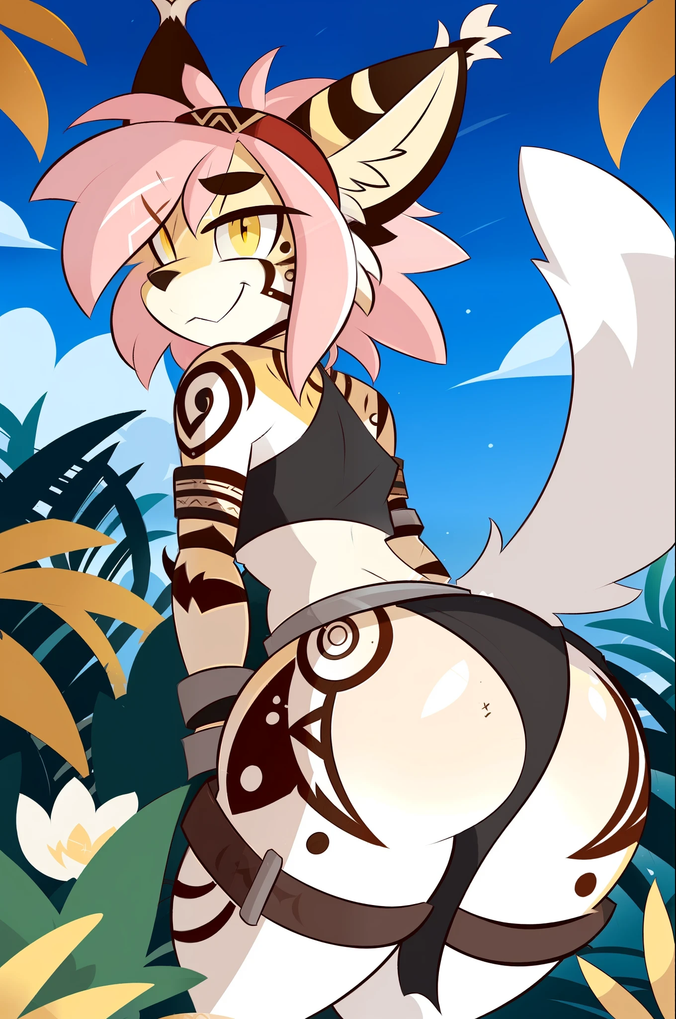 By Kilinah, (Coffeesoda:1.1), Hioshiru, Kilinah, Furry, Lynx, Anthro, Female, Solo, Native, Indigenous, Native Tattoos, Gray Bra, Grey Loincloth, Slave, Pleasure Face, Breathless, Butt, Jungle, Red Headband, Pink Hair, Yellow Eyes, Bondage