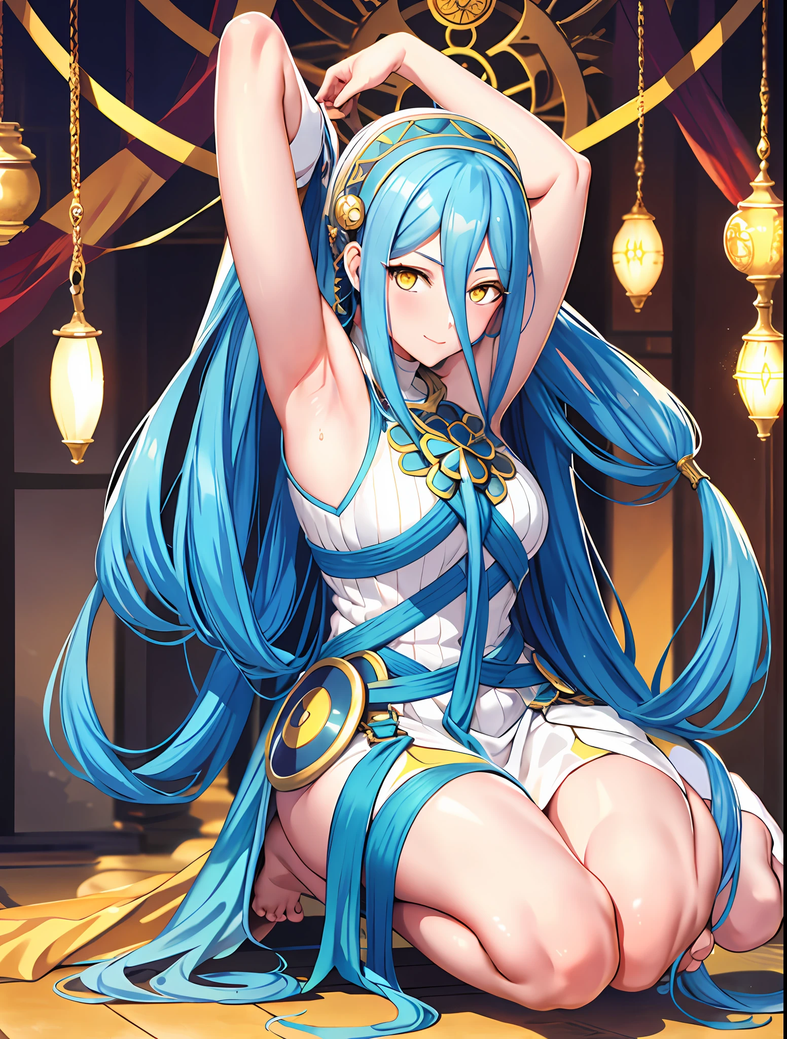 1girl, highres, masterpiece, solo, anime, yellow eyes, azura \(fire emblem\), armpits, arms behind head, squatting, barefeet