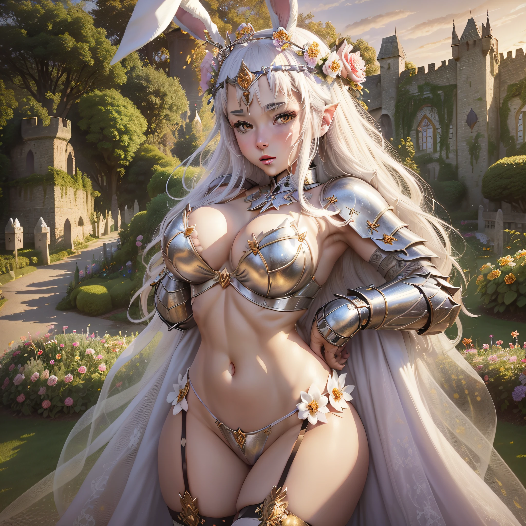 photo(silky white hair:1.5)(real rabbit ears:1.8)(((Rabbit Princess Knight:1.7)))wearing((flower crown:1.5)) and((((metal)) bikini armor:1.6)),((swollen breast peaks:1.6))(tight stockings,soft thighs)(garter belts,straps,flower thong,bare midriff:1.5)(deep cameltoe)(HDR photo,8K,32K,detailed,hyperrealism,masterpiece,best quality:1.3)(((in ((castle rose garden party)) at golden hour:1.1))sunset clouds,night sky:1.6),(bokeh:1.1)