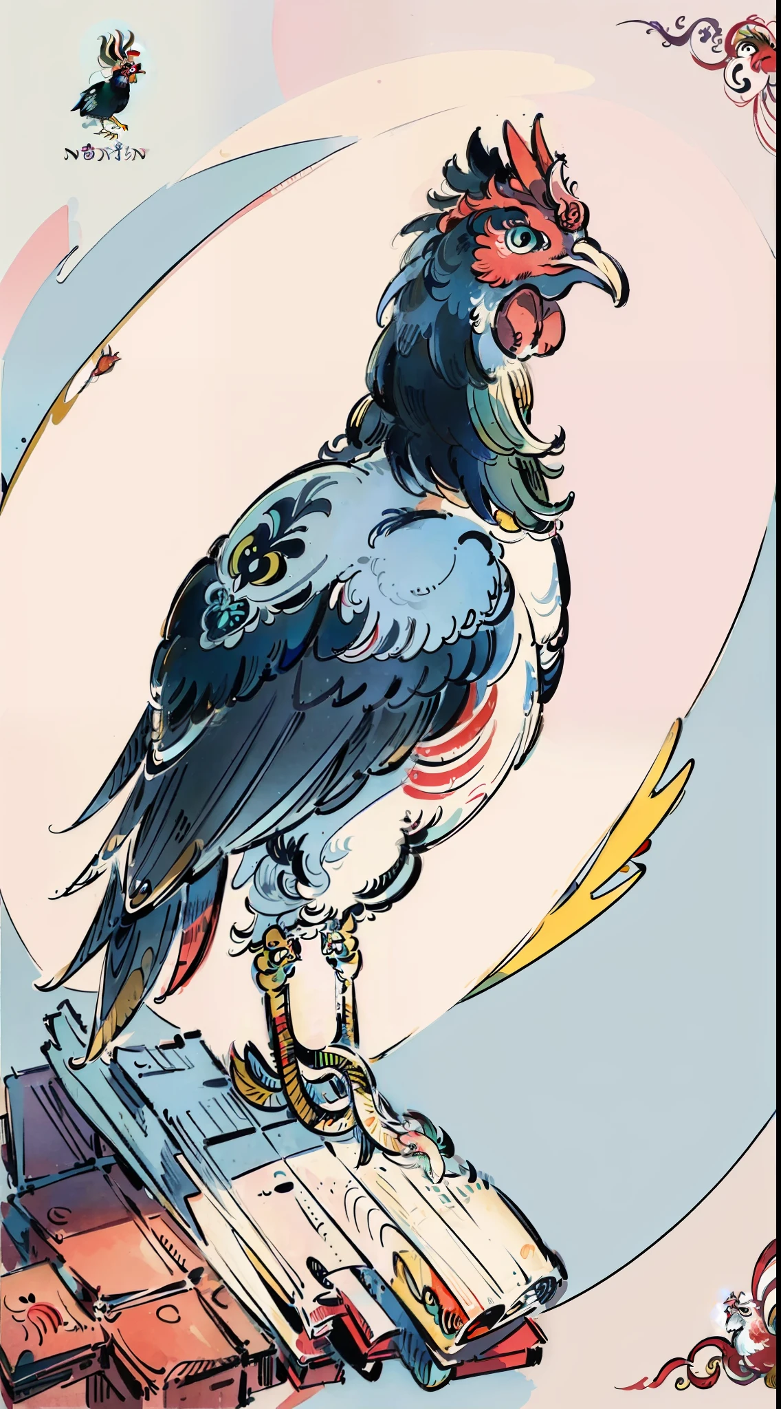 A colorful chicken, illustration of a rooster, color illustration, surrealist bird, rooster, rooster!!!!, beautifully illustrated, surrealist bird, king of roosters, whimsical style illustration, color illustration, Instagram art, illustration X, Jane Nuland, Alebrijes aesthetics, by Ina Wong