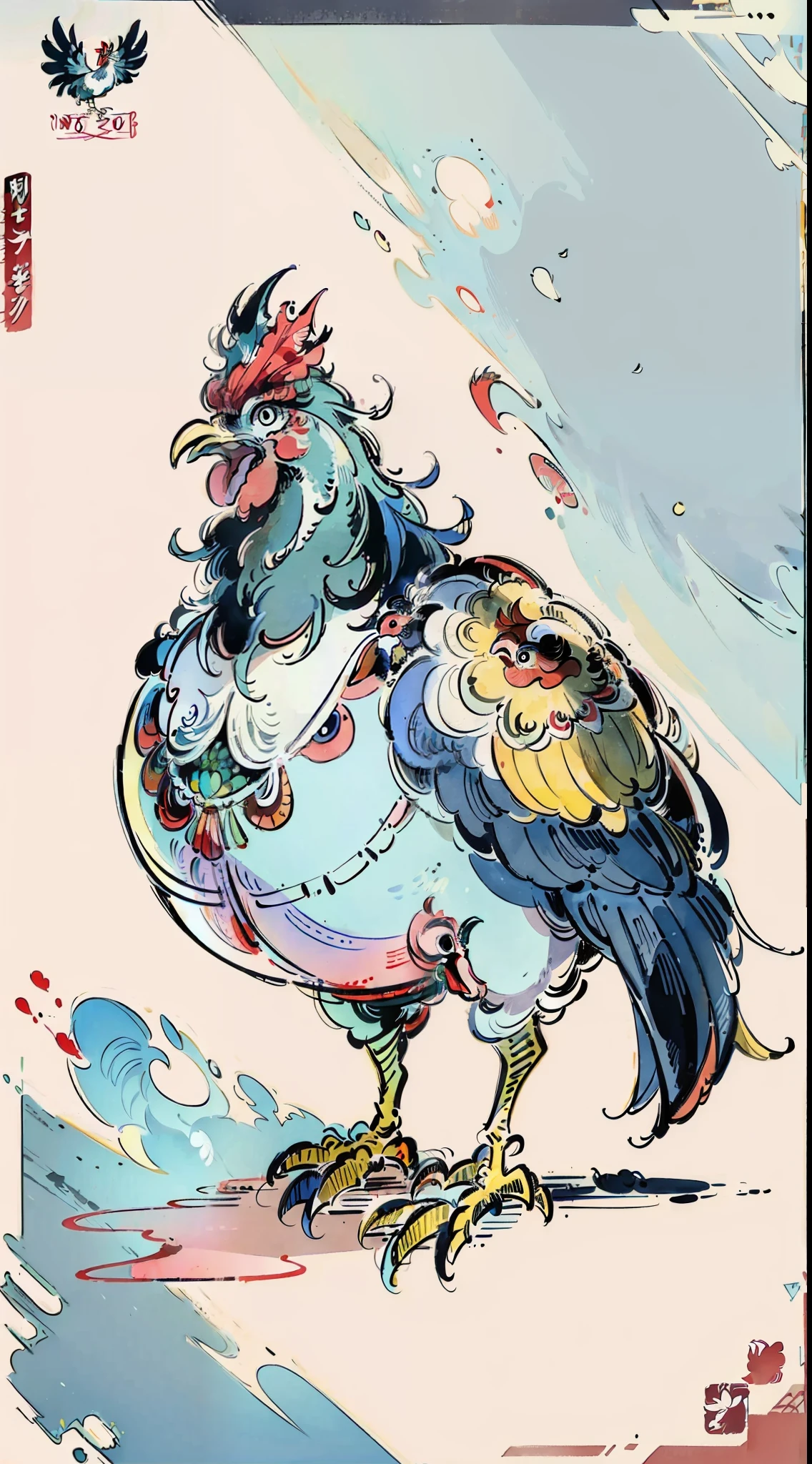 A colorful chicken, illustration of a rooster, color illustration, surrealist bird, rooster, rooster!!!!, beautifully illustrated, surrealist bird, king of roosters, whimsical style illustration, color illustration, Instagram art, illustration X, Jane Nuland, Alebrijes aesthetics, by Ina Wong