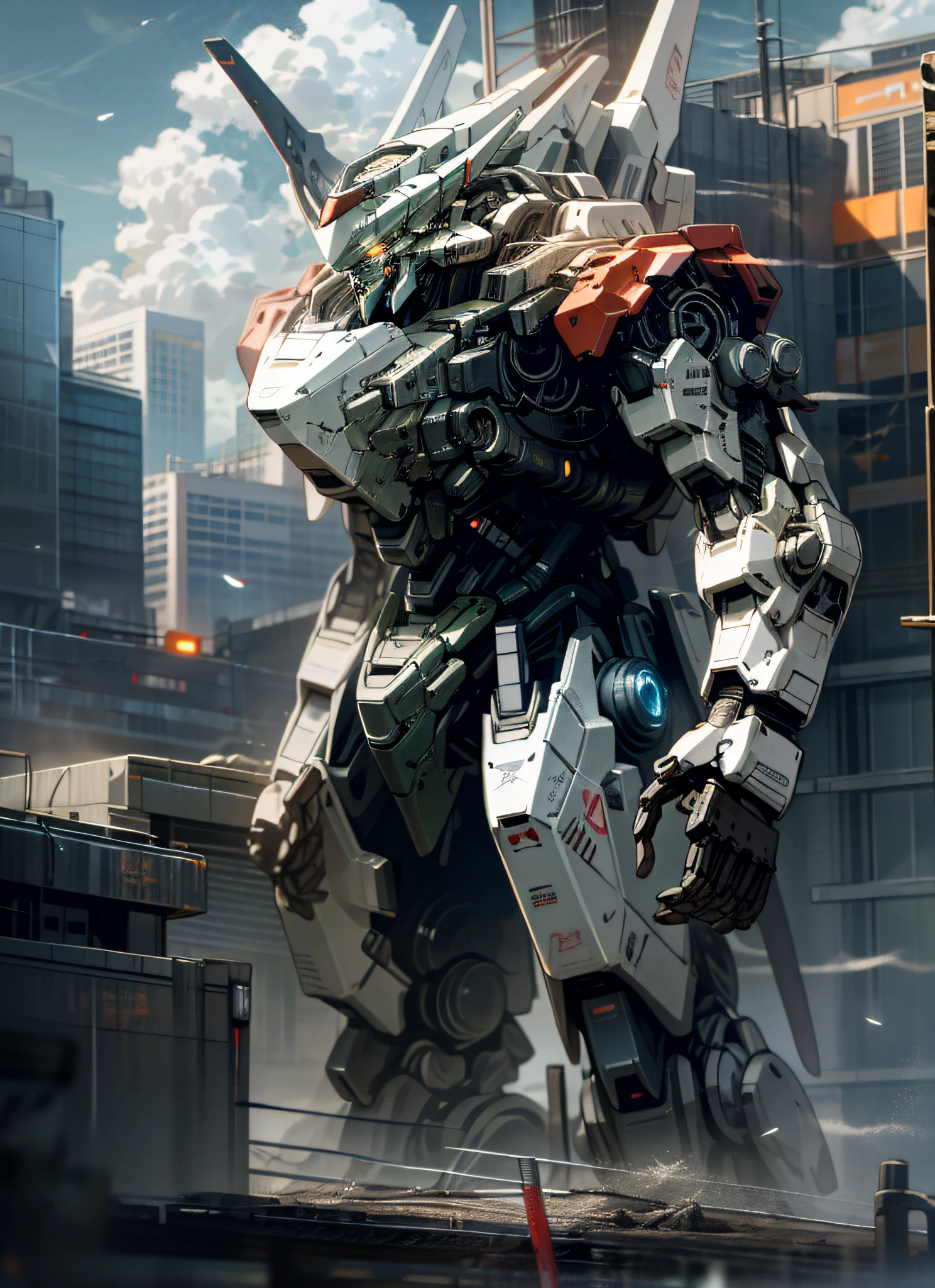 sky, cloud, holding_weapon, no_humans, glowing, , robot, building, glowing_eyes, mecha, science_fiction, city, realistic,mecha