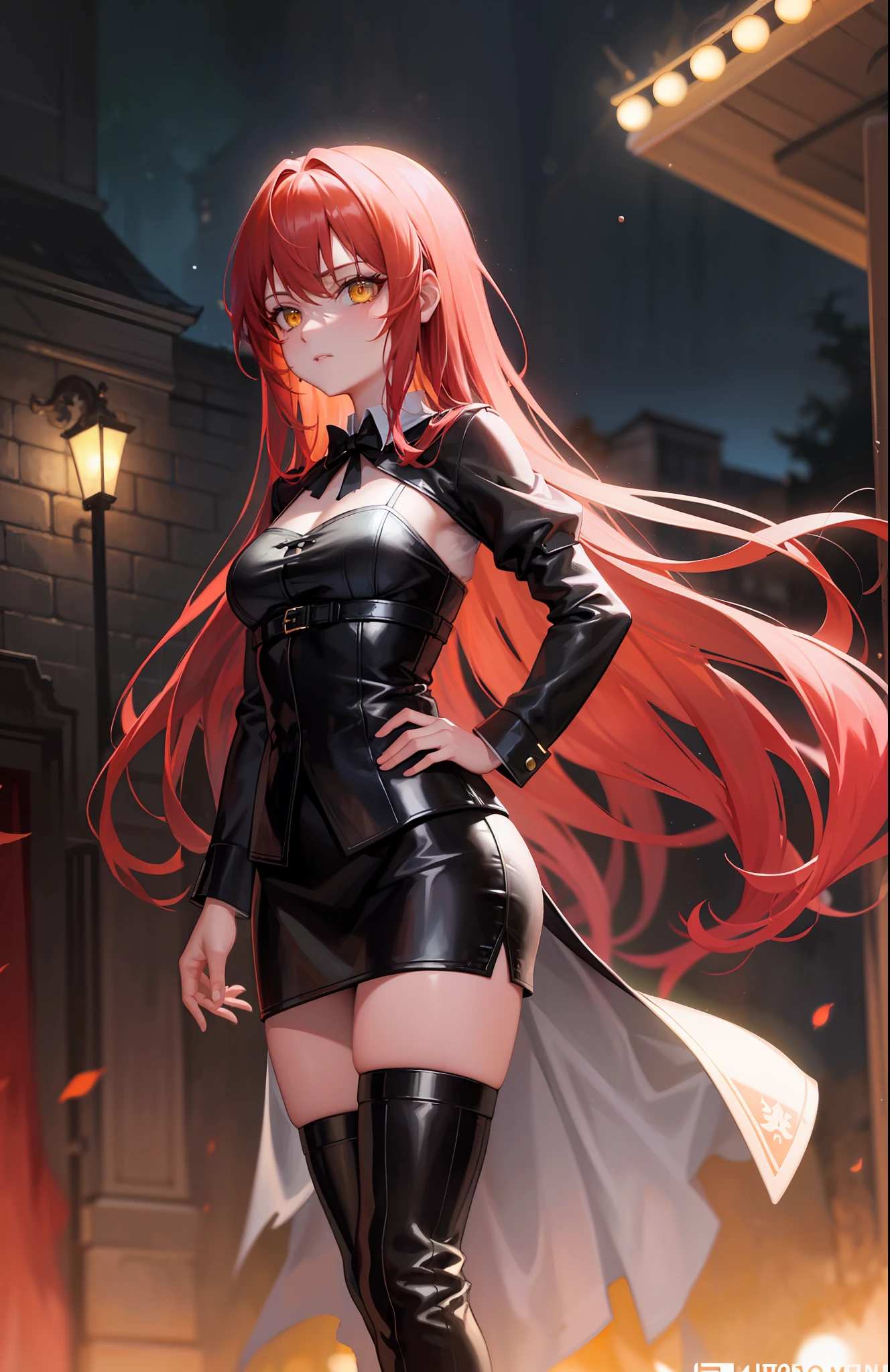 (masterpiece, best quality) an adult woman with very long red hair with short dress, red leather, black bows, long stockings, exposed arms, neckline, black boots, torn clothes, queen, yellow eyes, serious, blood, emotionless, red sky, palace, white walls, luxury, straight bangs, very long red hair, evil, only one character, (yellow eyes), gothic, red forest, medium chest, head-to-waist portrait, cinematics, color oil painting, cinematic lighting, extremely detailed face, finely detailed face, beautiful face, beautiful eyes, perfect lighting, depth of field, realistic proportions, good anatomy, black sports bra, neckline, tits, black leggings, bubble butt, muscular, hands on hips, rooptop, night, stage sky, full moon, stars