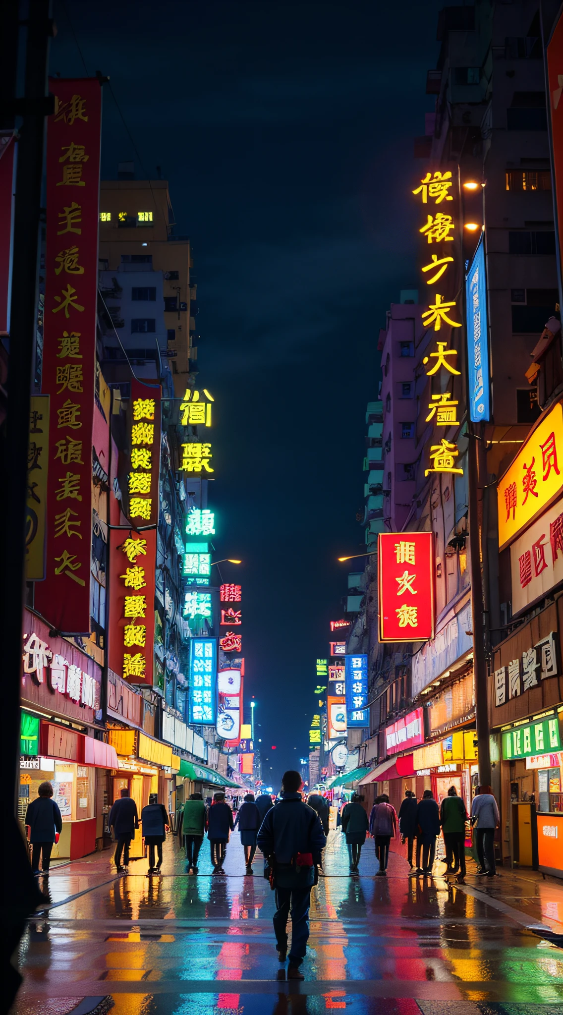 scenery, neon, (no humans:1.8), masterpiece, best quality, 8k, raw photo, absurdres, very dark navy, night, street, (buildings, hong kong, kowloon walled city, humid:1.2), asian shopping district, (sharp focus, wide shot, dark background:1.8), rain, fog, (perspective, depth of field, bleach bypass:1.4), photorealistic, highres, ultra detailed, cinematic lighting, film grain, chromatic aberration