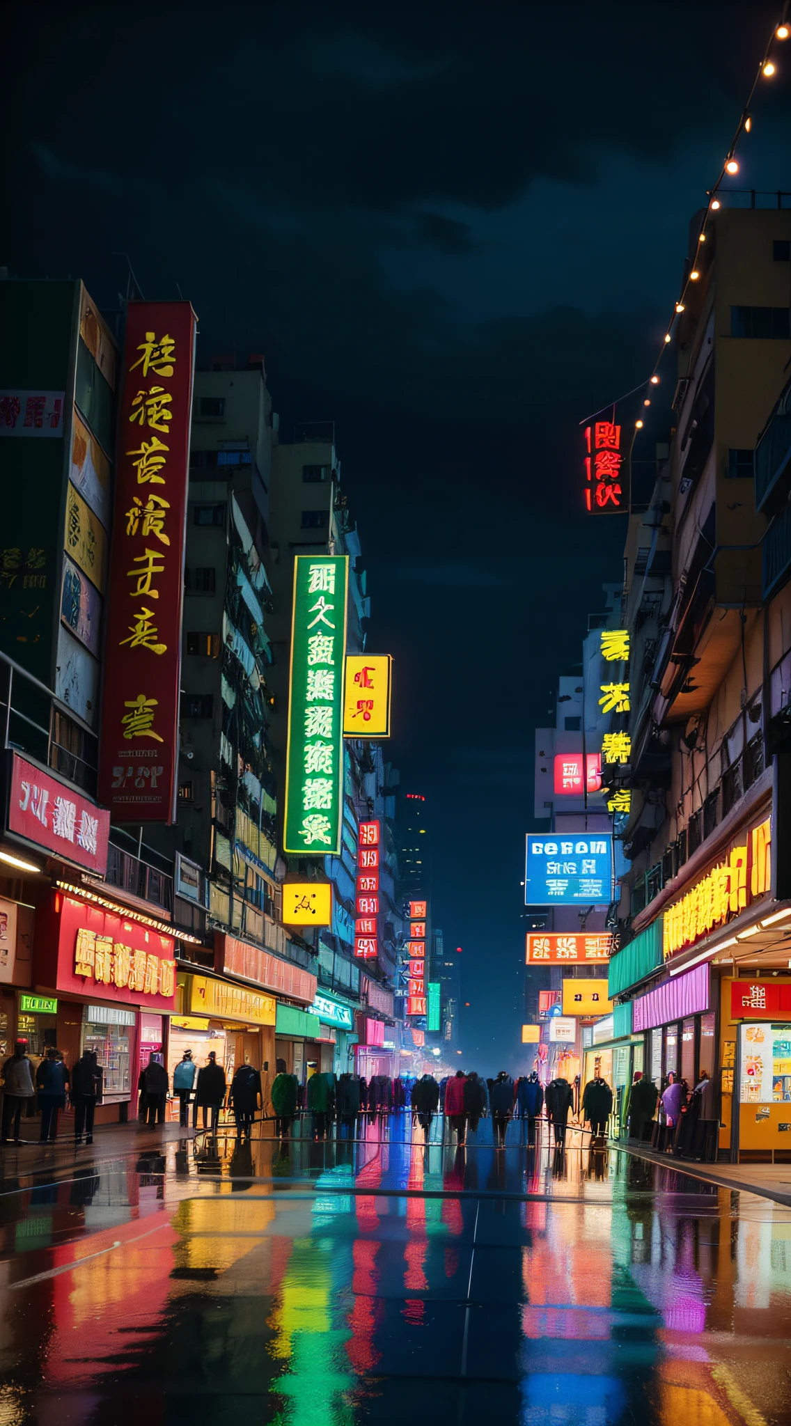 scenery, neon, (no humans:1.8), masterpiece, best quality, 8k, raw photo, absurdres, very dark navy, night, street, (buildings, hong kong, Liam Wong, humid:1.2), asian shopping district, kowloon walled city, (sharp focus, wide shot, dark background:1.8), rain, fog, (perspective, depth of field, bleach bypass:1.5), photorealistic, highres, ultra detailed, cinematic lighting, film grain, chromatic aberration