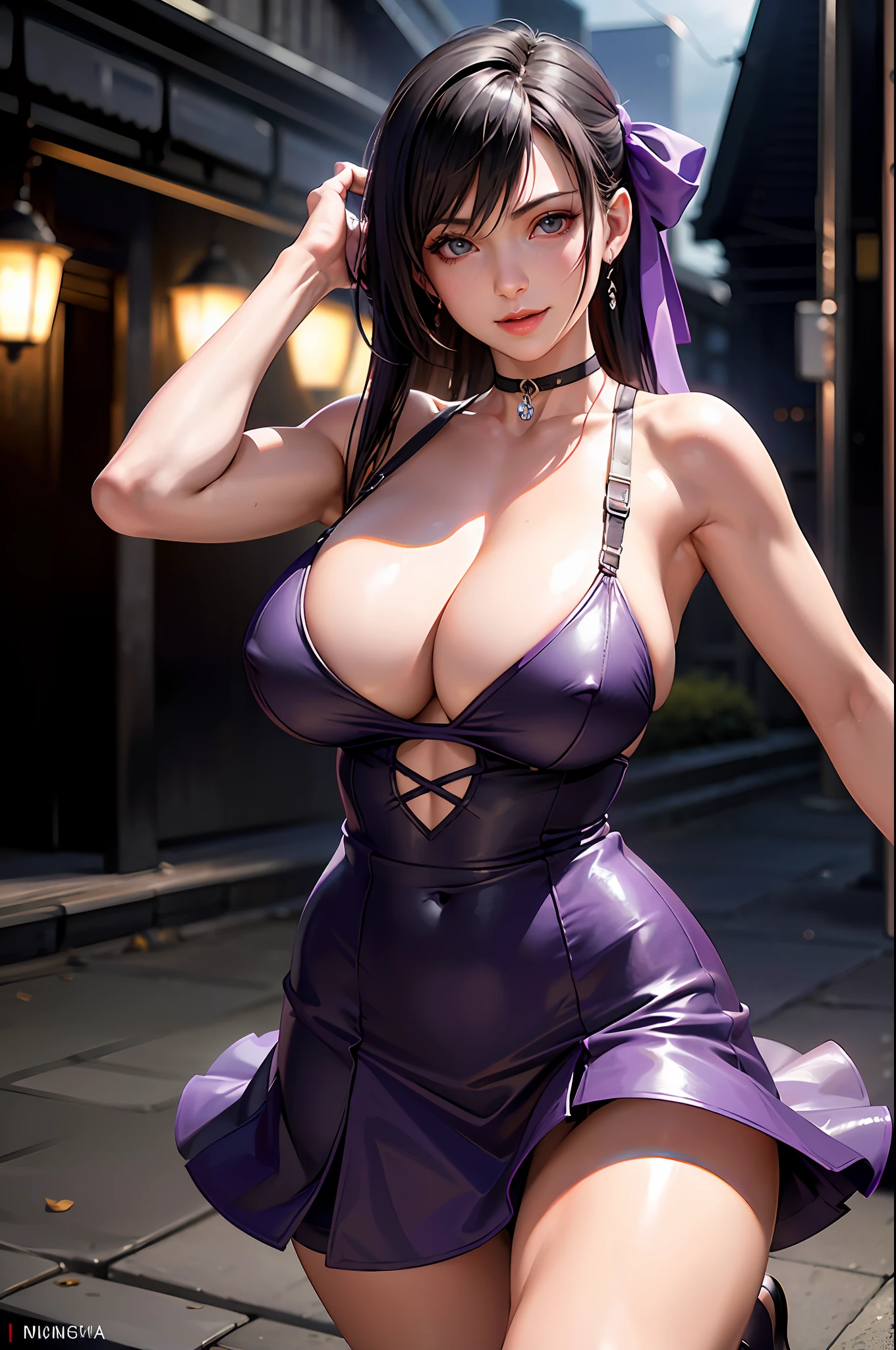(8k, best quality, masterpiece:1.2), (realistic, photo-realistic:1.37), ultra-detailed, 1 girl,cute, solo, (tifa lockhart), (huge breasts:1.5),(beautiful detailed eyes), (smile:1.2), (closed mouth), erotic pose, dancing, outside an industrial factory, depth of field, dark intense shadows, sharp focus, depth of field, good composition, green glowing light, Final Fantasy VII, (purple dress:1.3), (black choker with bow) full body, head rest, lips, pretty face, low-tied long hair, ((red_eyes)), (night:1.3), intricate, bokeh, cinematic lighting, photon mapping, radiosity, physically-based rendering, (Tetsuya Nomura style), nsfw, perfect breasts