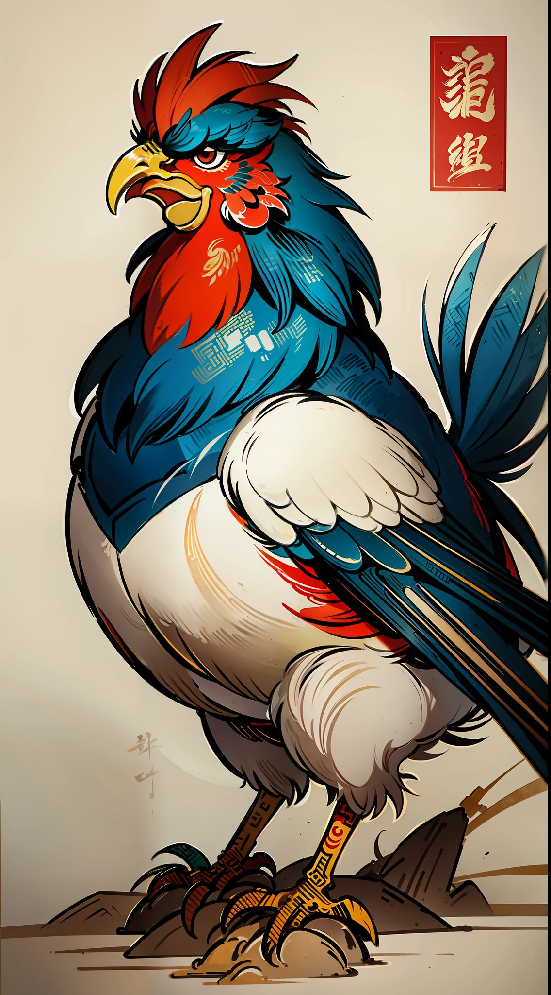 A colorful chicken, illustration of a rooster, color illustration, Chinese painting style, Chinese watercolor style, traditional Chinese ink painting, Li Keran, traditional Chinese painting, Chinese ink painting, traditional Chinese art, Li Kan, Liang Kai, Jin Yiwei