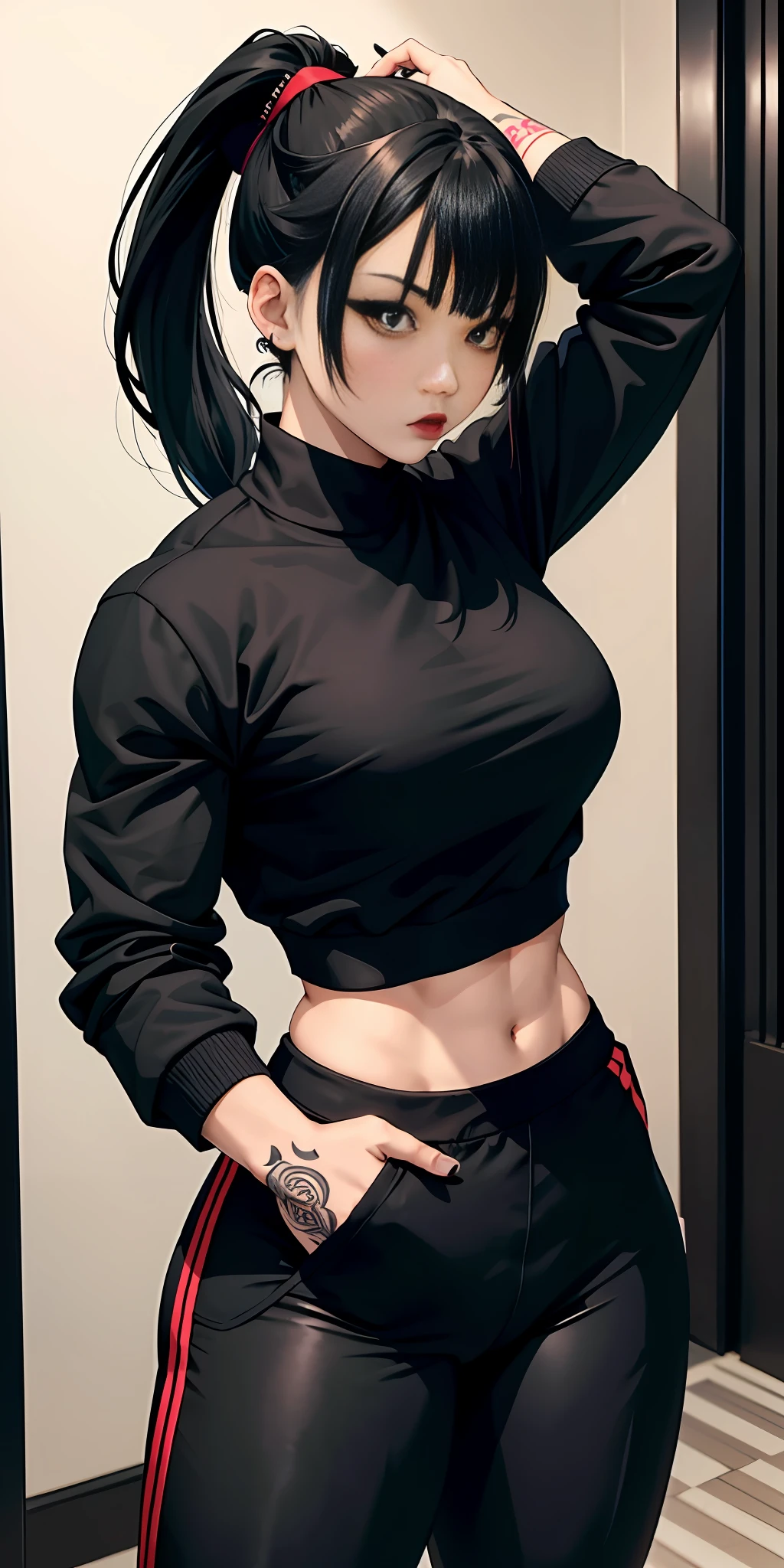 Boy, Asian, , adult, tattoo, lipstick, gothic, girl face, serious face, , black hair (ponytail with bangs), cap, muscular, cycling pants, long sleeve sweatshirt jacket, large thighs