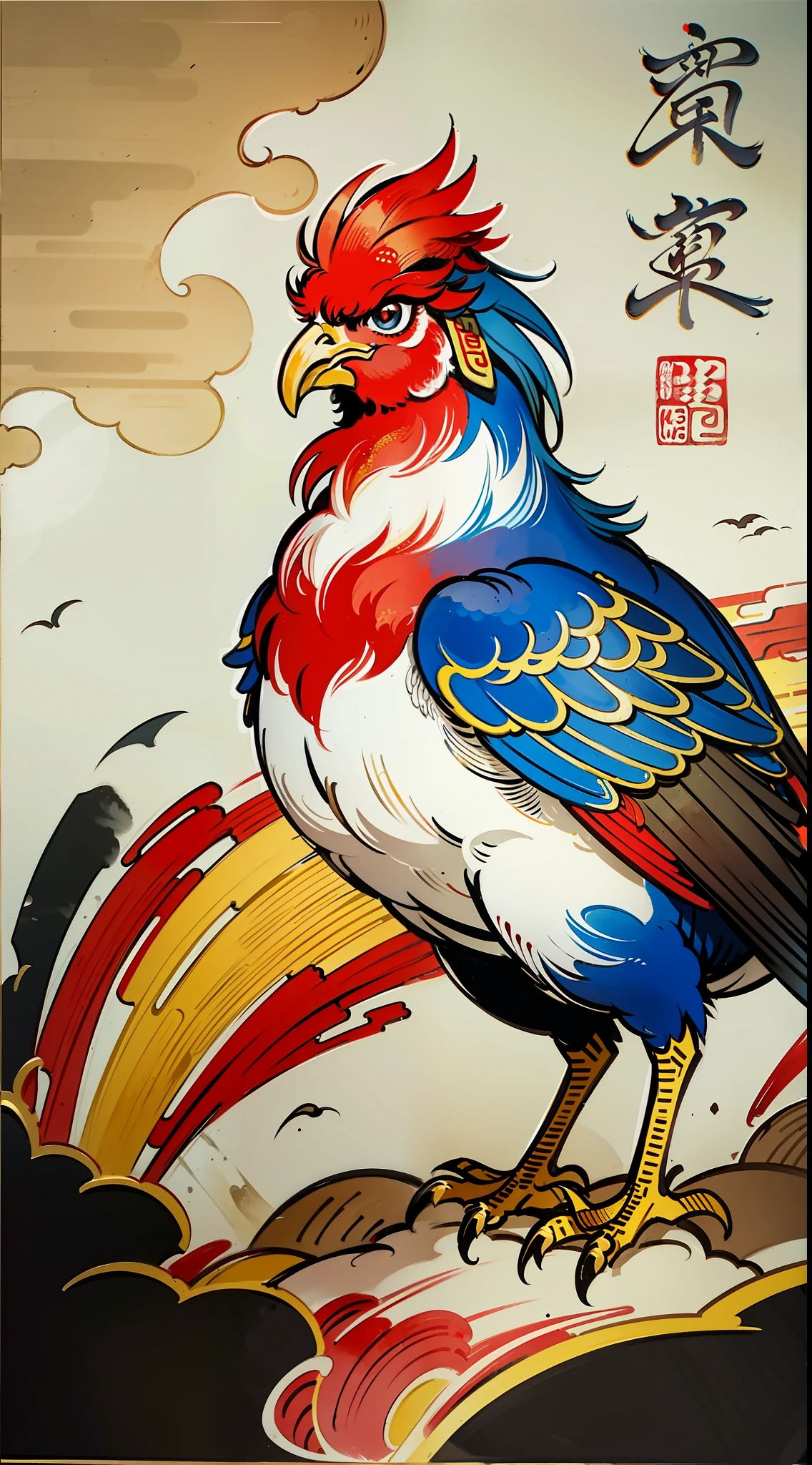 A colorful chicken, illustration of a rooster, color illustration, Chinese painting style, Chinese watercolor style, traditional Chinese ink painting, Li Keran, traditional Chinese painting, Chinese ink painting, traditional Chinese art, Li Kan, Liang Kai, Jin Yiwei