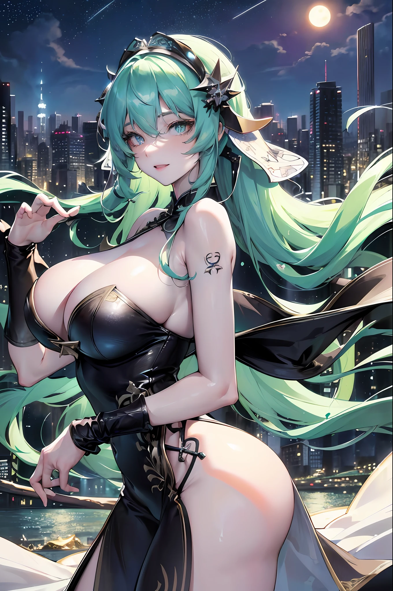 Official Art, Masterpiece, Sharp Focus, (Beautiful Gorgeous and Cute Chinese Woman: 1.3), (Beautiful and Cute Chinese: 1.3), Chinese Beauty with Light Green Hair, Wearing Bikini, Thong and Jumpsuit, Many Beautiful Tattoos on the Upper Body, Huge, Delicate Beautiful Hair Reaching the Ground, Beautiful Eyes and Face, Realistic, Super Detailed, Beautiful Girl, Fine Light Rain, Wet Clothes, Glowing White Particles, (Sidelighting: 1.2), Starry Sky at Night, Detailed starry sky and moon, slender, cute big breasts and huge buttocks, toothless smile ((eyes open when laughing)), landscape, long straight hair, sexy facial expression, mountains and rivers in the background, damp clothes clinging to the curves of the body, (cityscape:1.7), dynamic hair, long straight hair, delicate colored hair, glowing heterochromic pupils, black stockings, pale skin, hair accessories, epic landscapes, collars and hair accessories, hair especially long