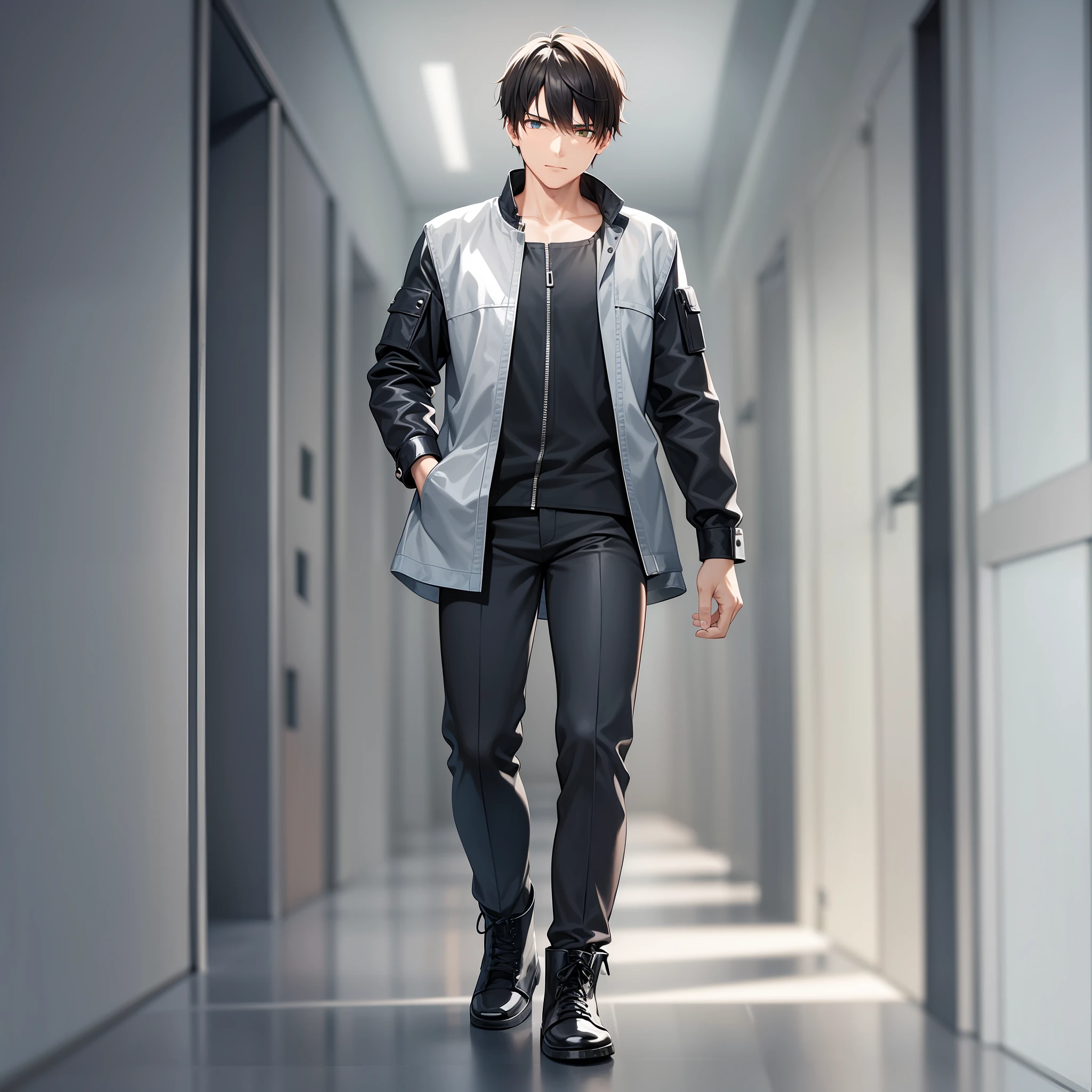 close up of man in black combat boots walking down hallway, cropped at knees