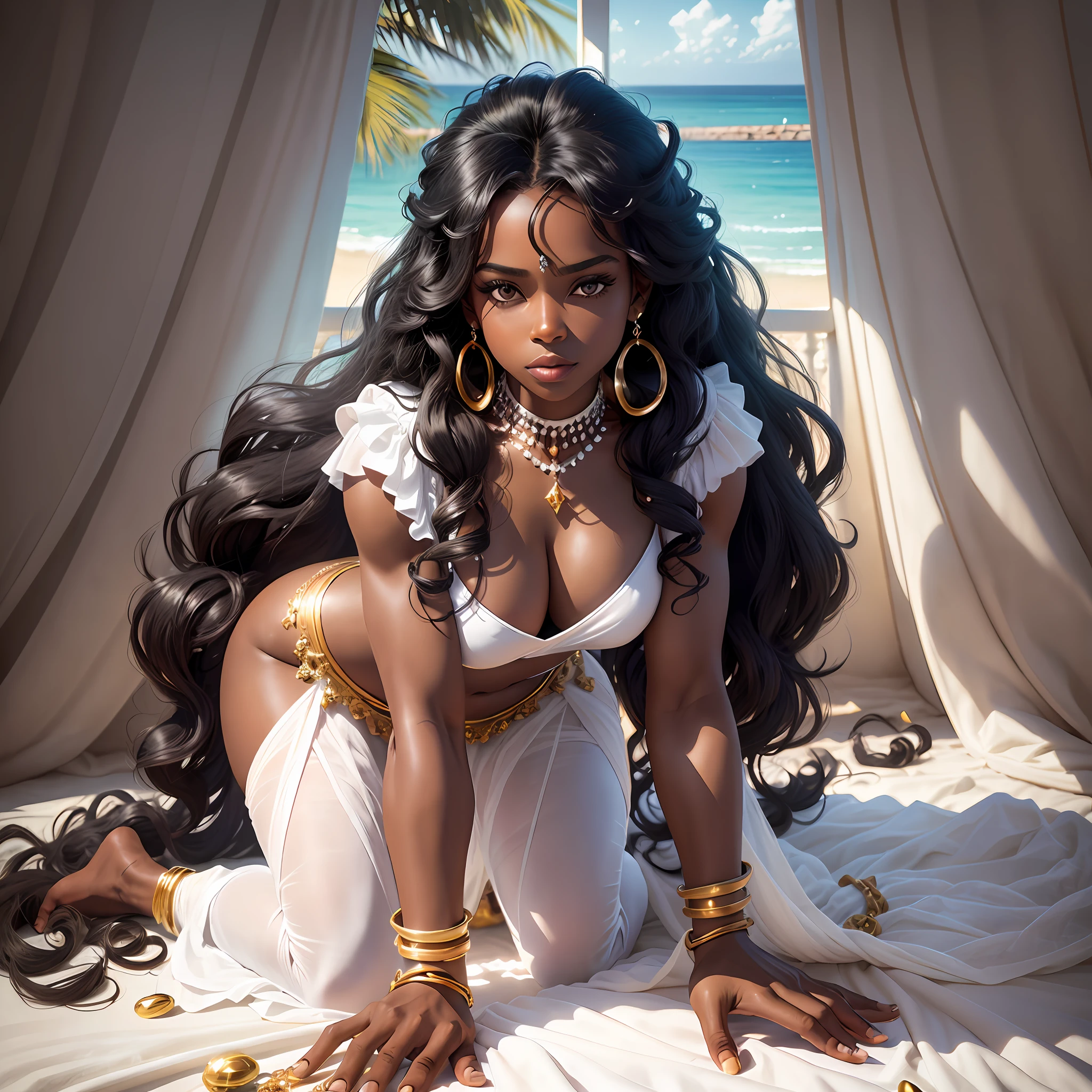 Professional photo, defined muscles, black skin, big hair, precious stones, jewelry, girl in a white realistic bed, background of a window overlooking the sea, large white curtain, sunlight, top, white langerie, (kneeling on all fours)