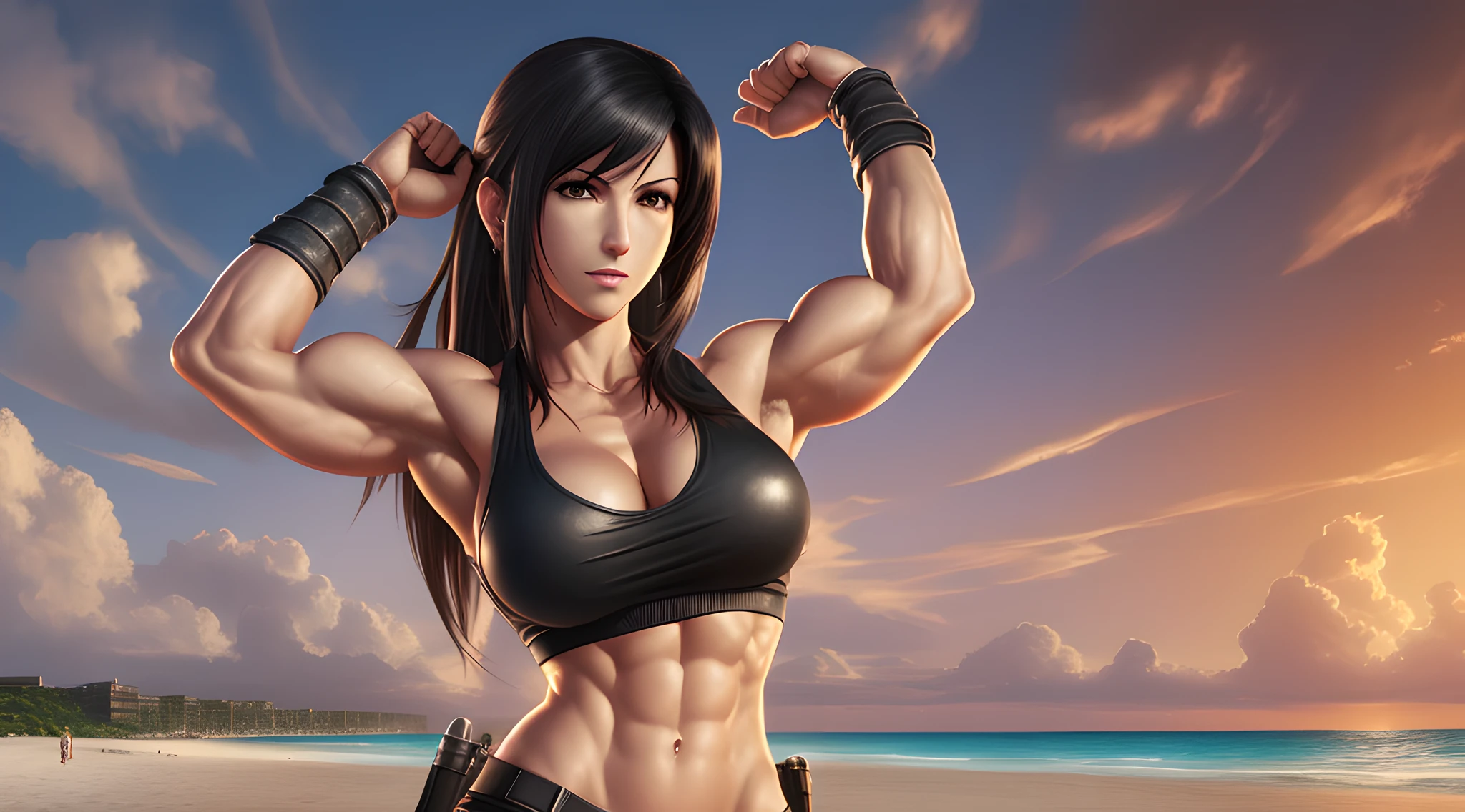 (Tifa Lockhart in Hyper-realism style, best quality, lots of detail, final fantasy game environment, Featured pose of muscular abdomen, 1 woman, 4k resolution, big biceps, (((bad anatomy)) on the beach